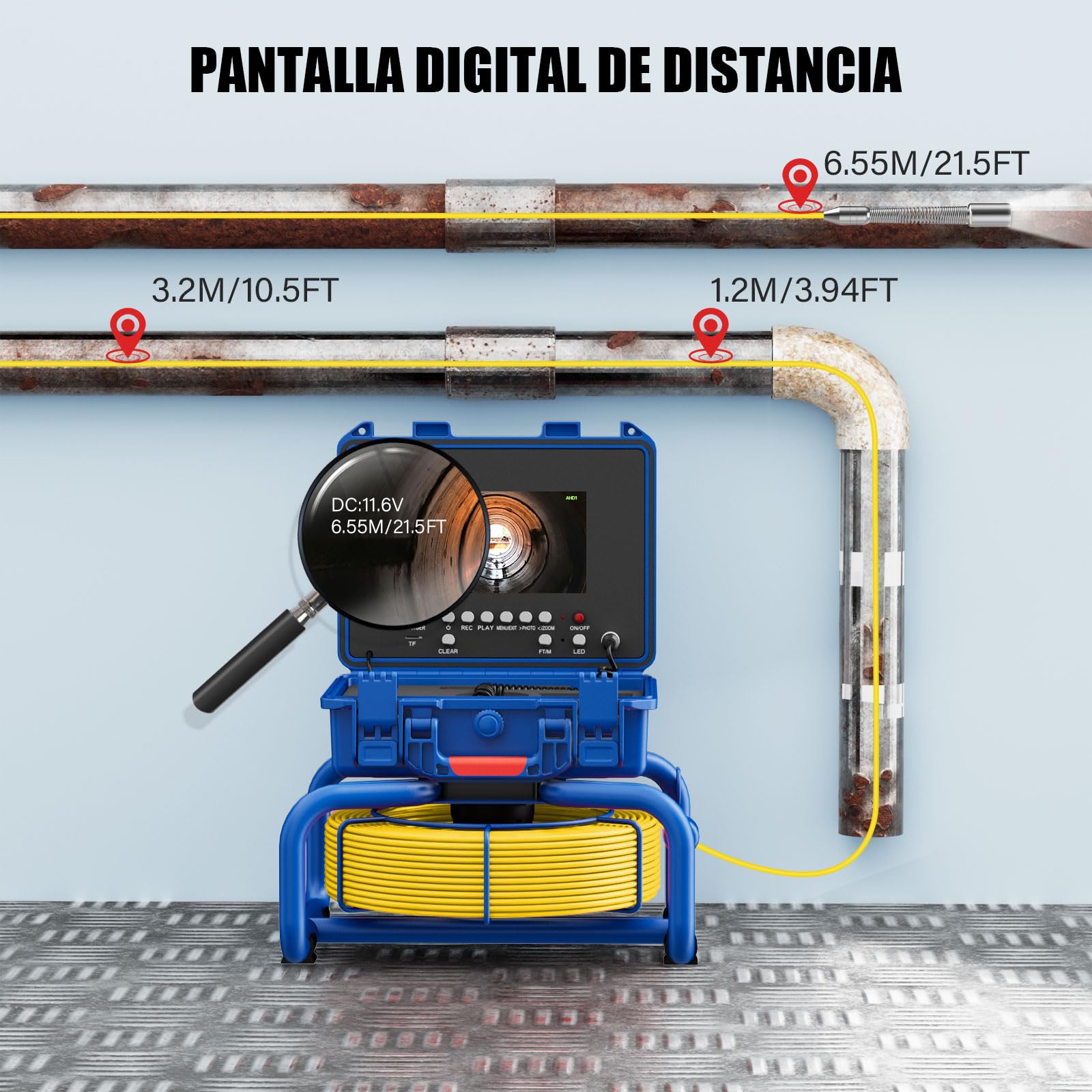 Cámara de inspección de tuberías 30M con DVR,Dnenellr Camara Tuberias Pantalla en Color IPS de 7", Camara Endoscopica Industrial Impermeable, 32GB (with Locator)