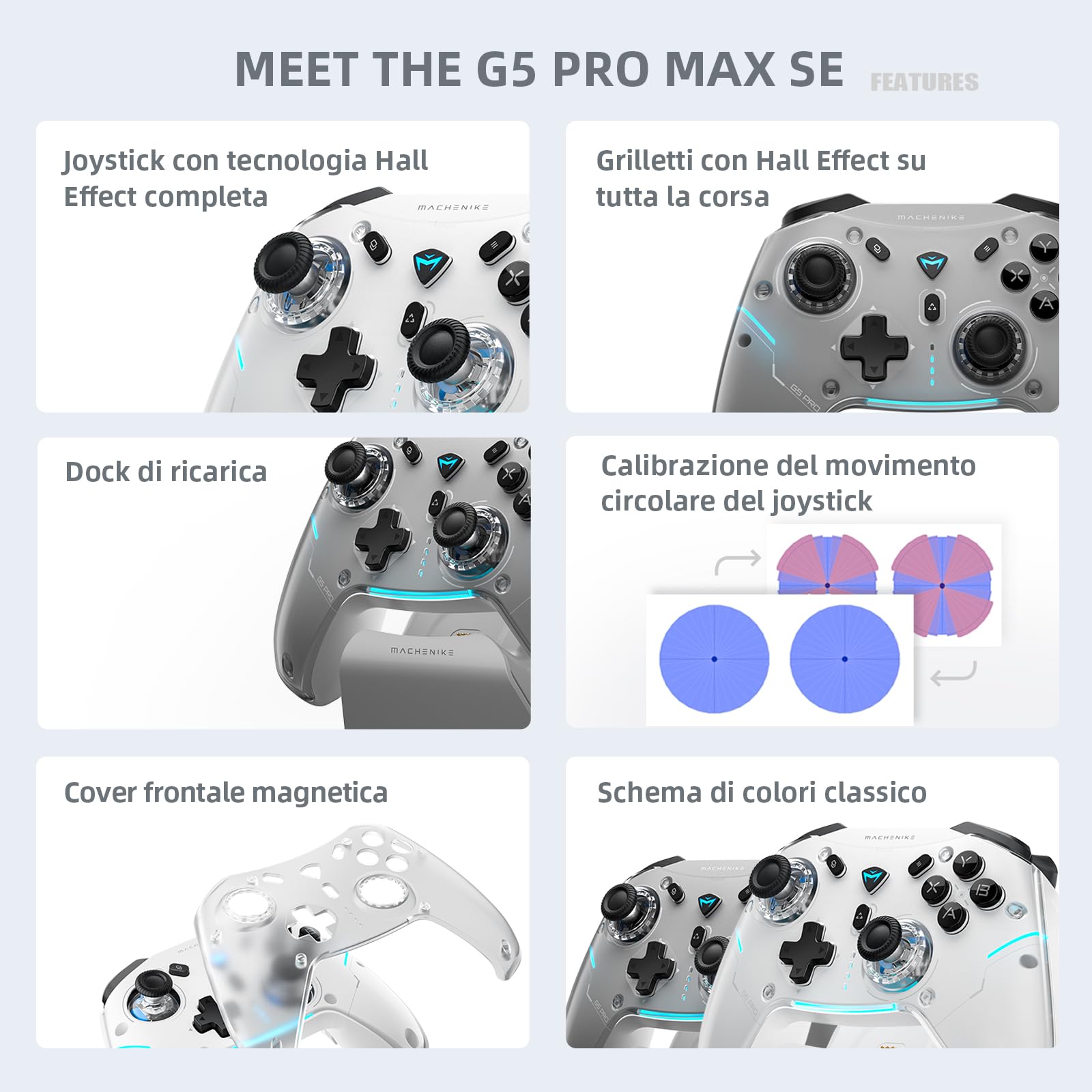 Machenike G5PROMAXSE Controller Bluetooth con Base di Ricarica, Joystick Effetto Hall, Controller Wireless per Switch/Mac/PC/iOS/Android, 2.4G/BT/USB, 1000Hz/1000mAh, Vibrazione, Bianco