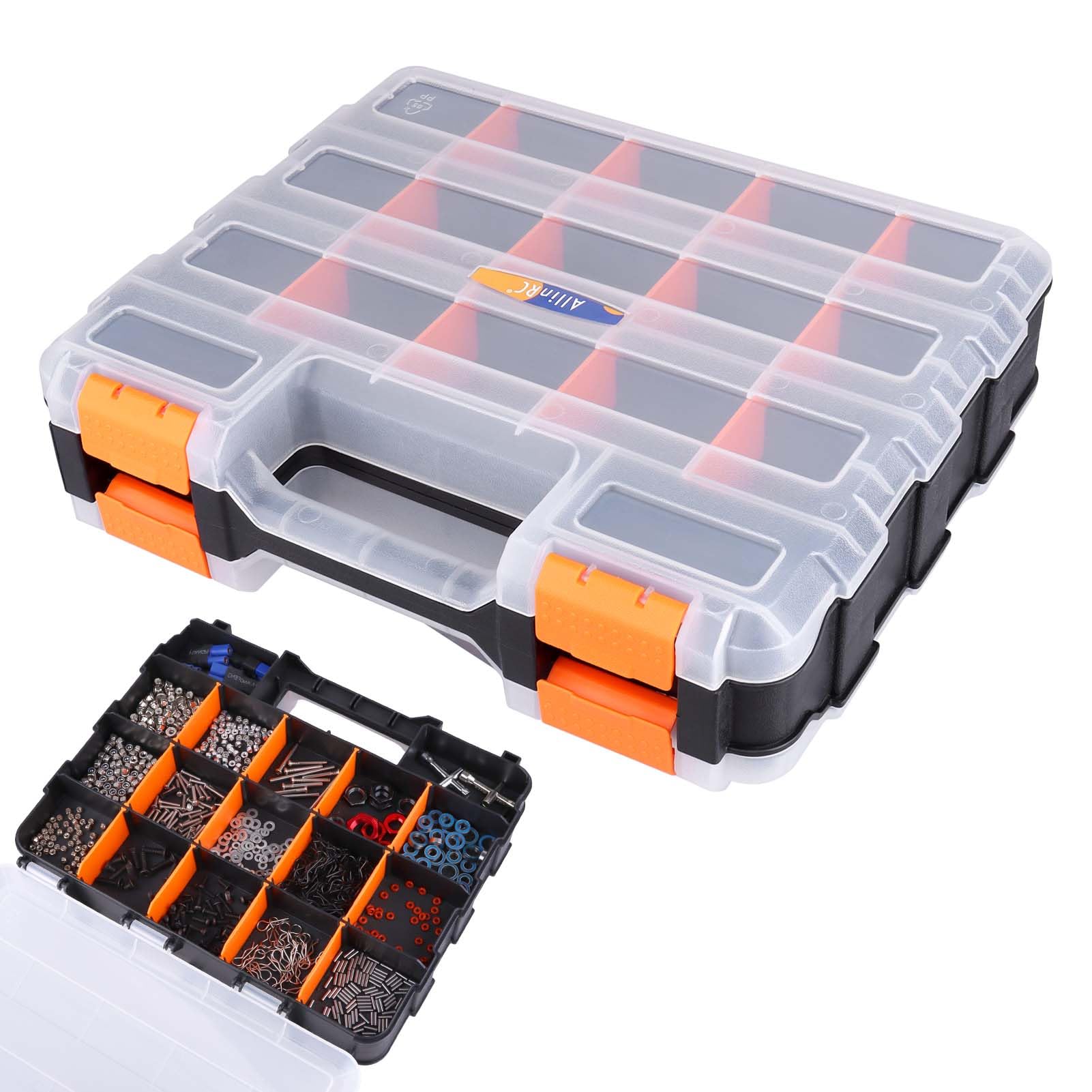 AllinRC Small Parts Organizer Double Sided Parts Organizer with Removable Dividers 34-Compartments Storage Bins for Hardware, Screws, Nuts, Bolts,