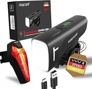 FORTRY Bicycle Light Set 60/15LUX, StVZO Certified Bicycle Light, USB Type C Charging Bicycle Lights LED Set, IPX5 Waterproof Bicycle Light Front + Rear Light, Suitable for Cycling, Camping
