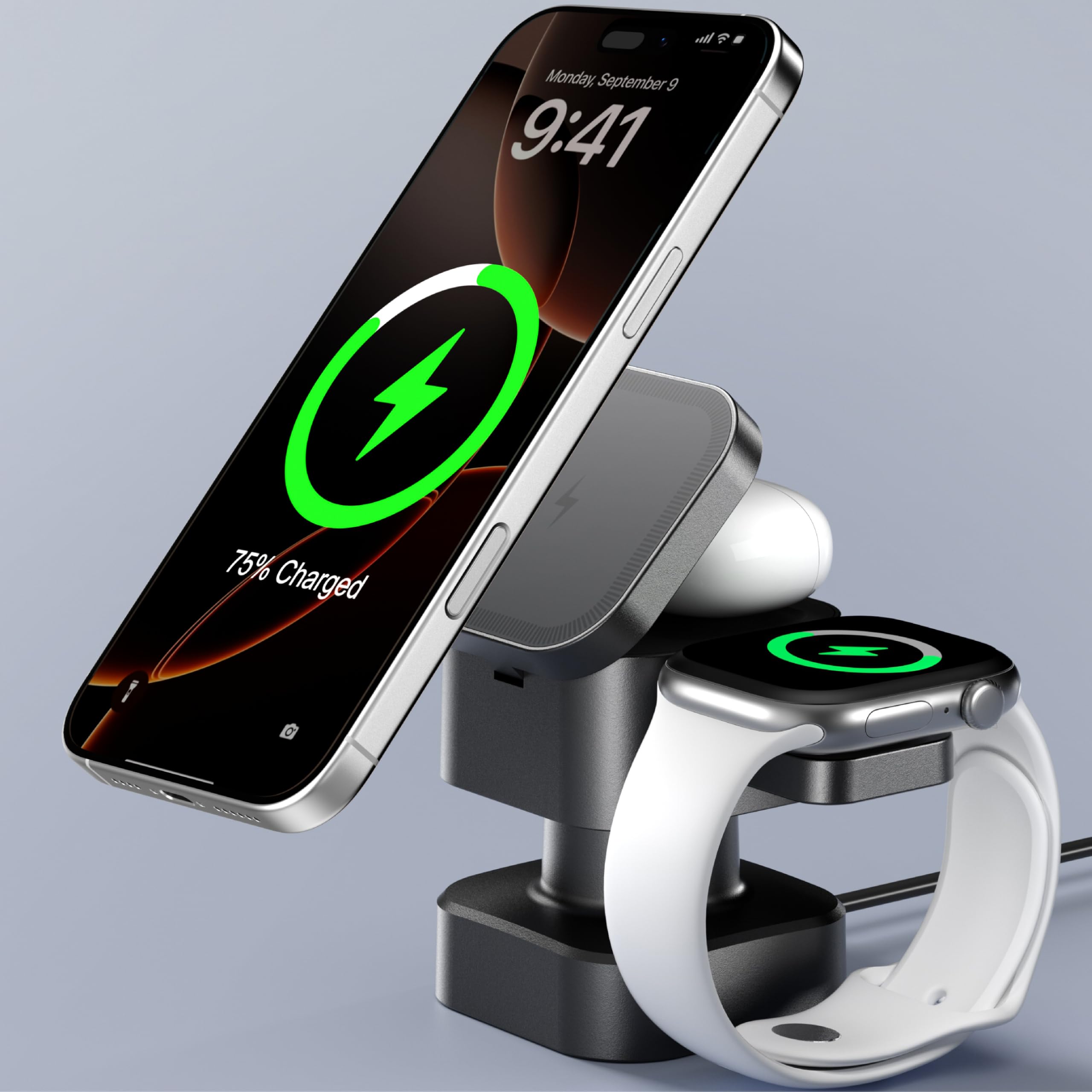 Station de Recharge magnétique sans Fil 4 en 1 pour Apple, Chargeur Rapide Pliable 15W avec veilleuse réglable, Support de Recharge sans Fil en pour iPhone 17/16/15/14/13/12, Apple Watch et AirPods