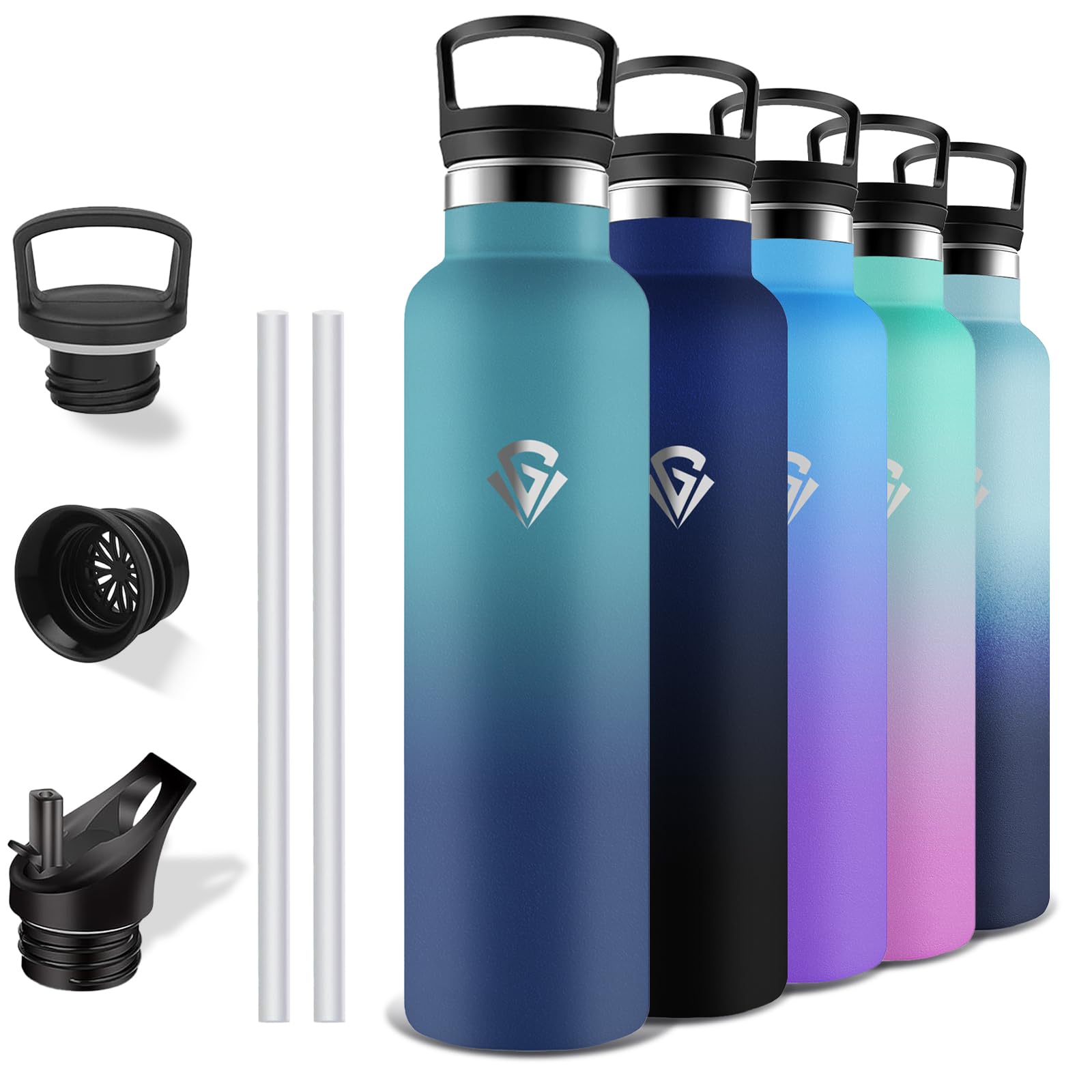 Grsta Thermos Flask, 1 Litre Stainless Steel Drinking Bottle with Straw, Leak-Proof, BPA-Free, 24 Hours Cold & 12 Hours Warm, Adult Drinking Bottle for Fitness, Camping, Hiking, Yoga