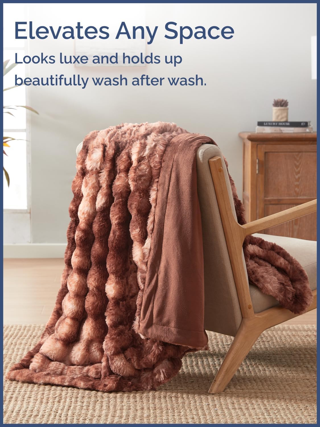 Fluffy Bubble Blanket Throw Size - Faux Fur Throw for Couch or Bed - Plush Soft Extra Thick Faux Fur Rabbit Blanket - Comfy, Warm & Breathable - Luxury Minky Tie Dye Bedding - 50" x 60", Marble Brown - Image 4