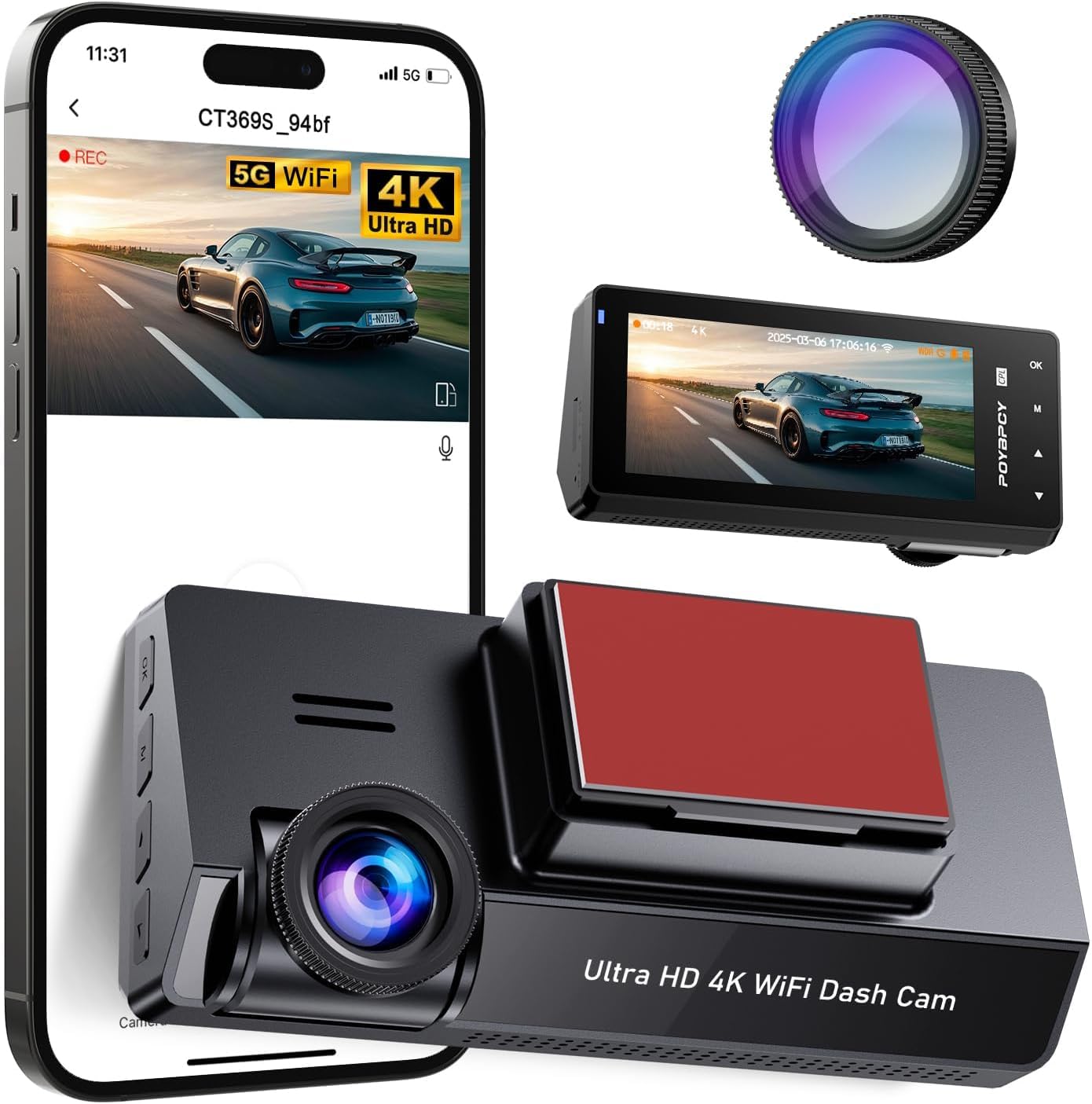 Product image of Dash Cam 4K Front Built-in 5GHz WiFi with CPL, Dash Camera for Cars with 64GB SD Card, App Control, 3.69" IPS Screen Dashcam with UHD 2160P, Night Vision, Loop Recording, Parking Mode, 170°Wide Angle