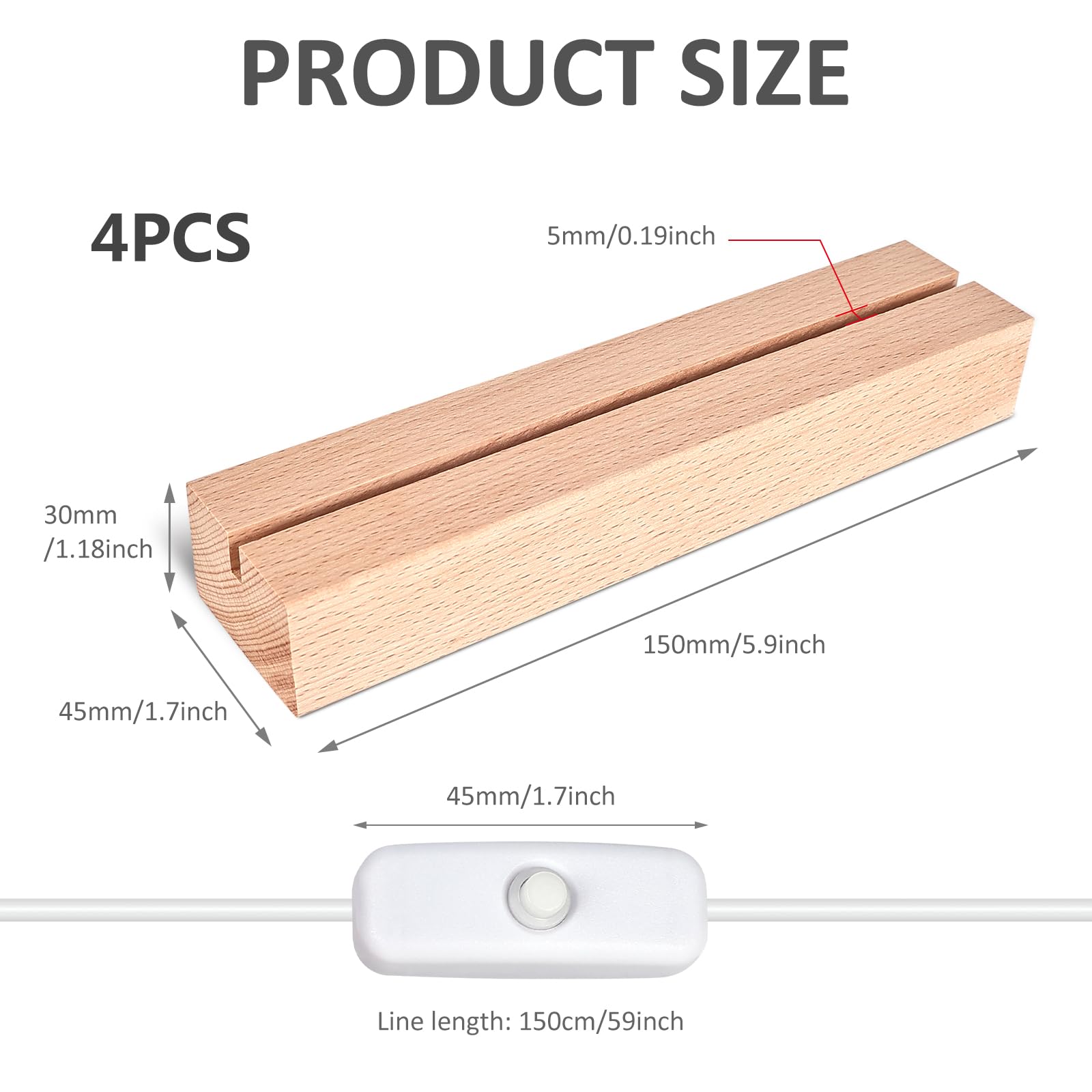 BORDEAG Set di 4 basi in legno LED rettangolari USB, 15 cm, bianco caldo, elegante supporto in legno per vetro acrilico, cristallo, resina, opere d'arte