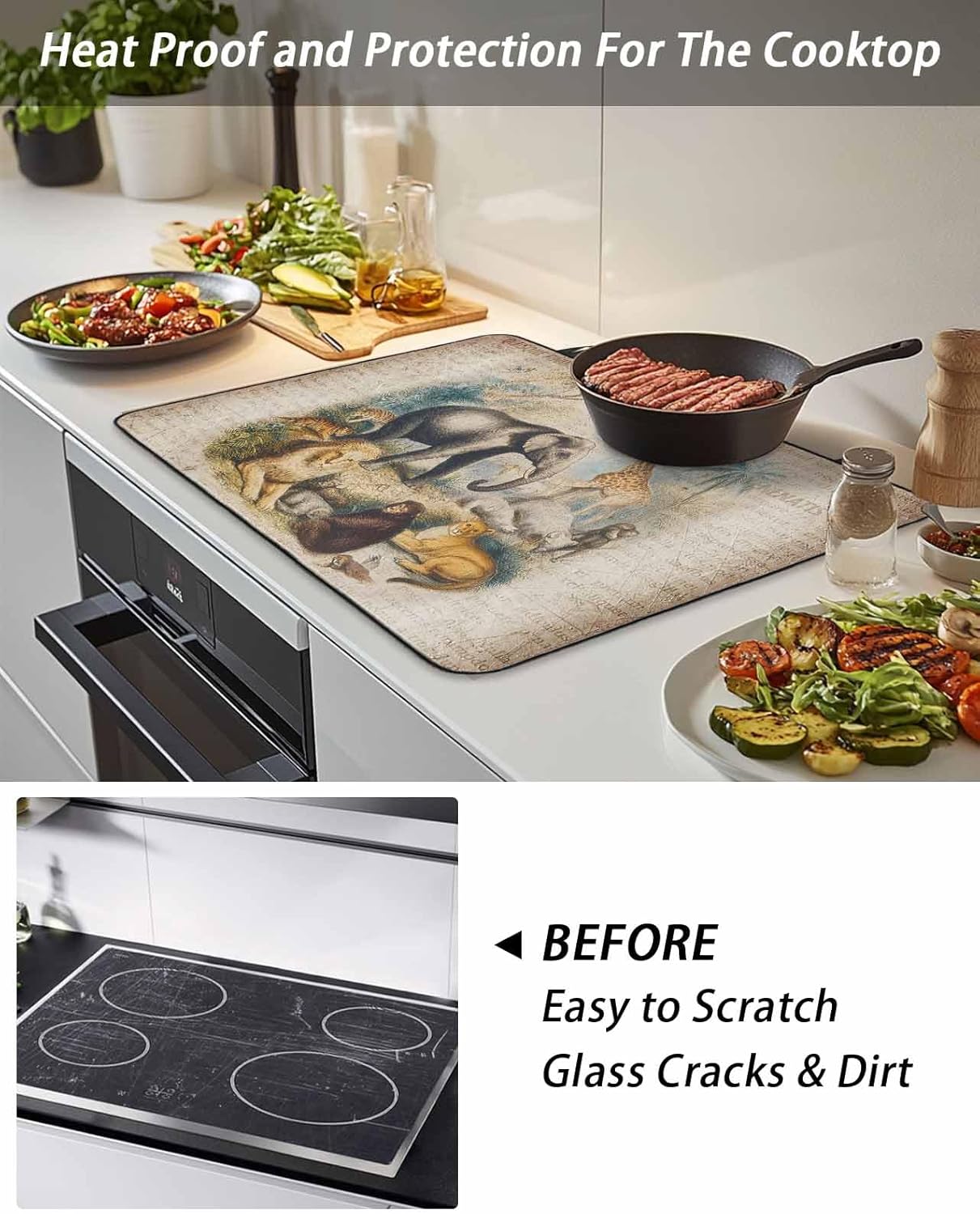 Animal World Stove Top Covers for Electric Stove, Elephant Tiger Giraffe Vintage Newspapers Texture Glass Ceramic Stove Cover Foldable Rubber Mat Heat Resistant Cooktop Protector for Kitchen 31''x24''
