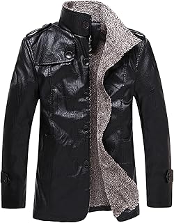 Maiyifu-GJ Men Faux Leather Lapel Zip Up Jacket Retro Casual Slim Fit Fleece Jackets Sherpa Lined Winter Warm Trucker Coat (Black,X-Large)