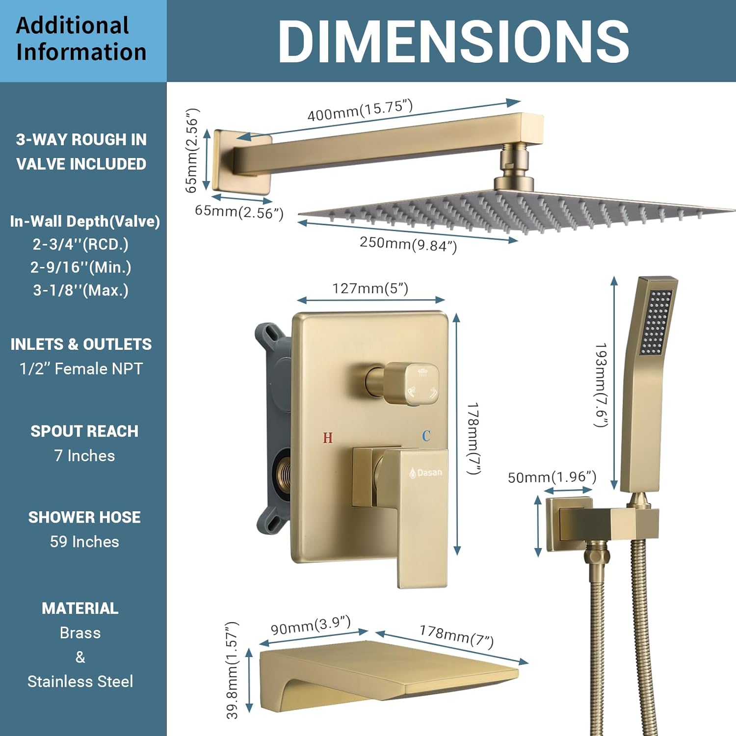 DASAN Tub Shower Faucets Sets Complete Brushed Gold Bathtub Shower System with Waterfall Tub Spout, Bathtub Faucet Set Tub and Shower Faucet Combo Trim Kit with Valve, DA-SS04BG-S10W