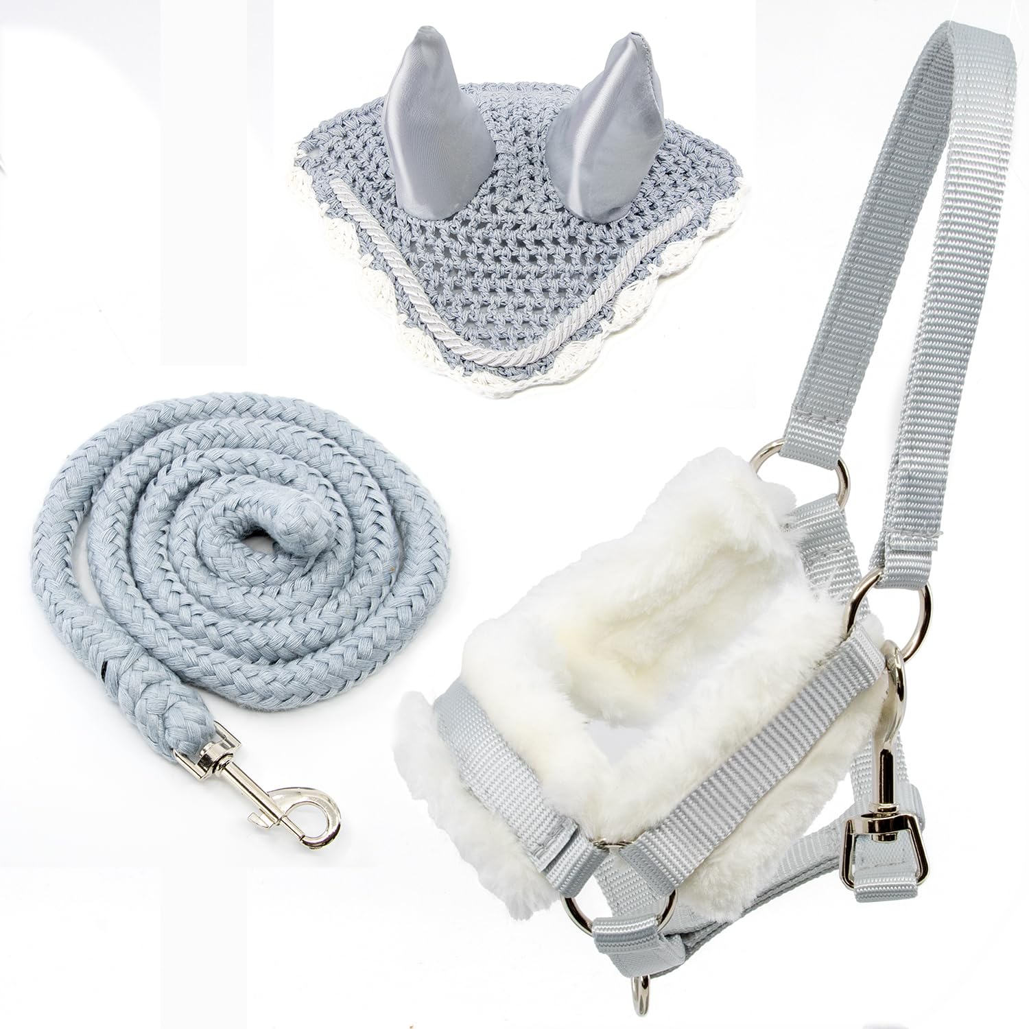 Set de Accesorios para Hobby Horse – Cabestro con Forro de Peluche Gris, Cuerda de conducción y Gorro antimoscas Gris y Blanco para Hobby Horsing – Compatible con Caballos de Palo tamaño A4 y A3