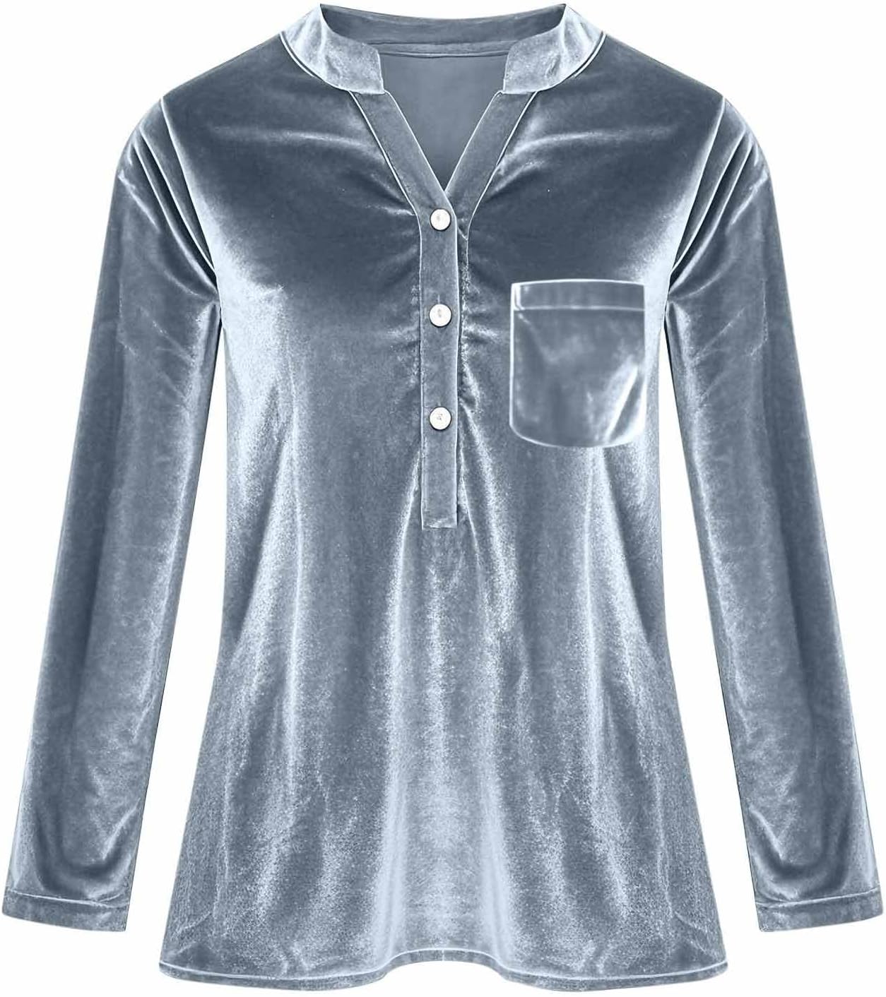 Womens Velvet Henley Shirt Chest Pocket Long Sleeve Top Fall