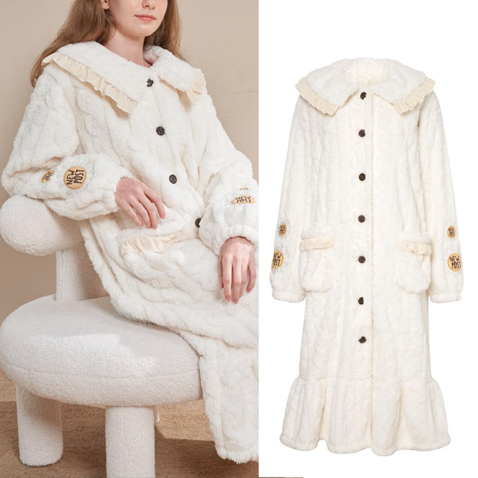 Generisch Camicia da notte invernale da donna, con scollo rotondo, a maniche lunghe, in flanella, calda, tinta unita, jacquard, con tasca, abito invernale di grandi dimensioni, abito da notte oversize