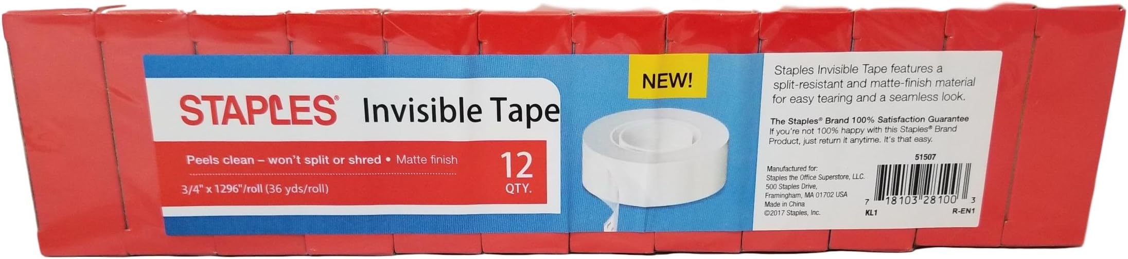 Staples Invisible Tape 12 count 36 yards