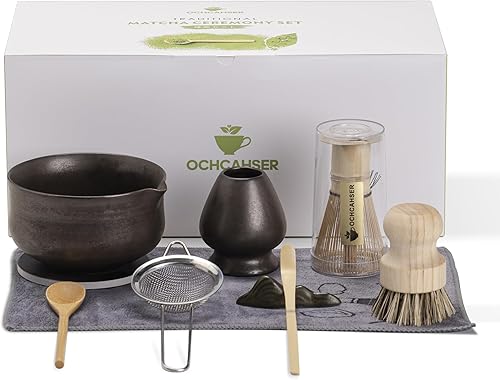 Miniatura 10 de Juego de té japonés, incluye cuenco de matcha con boquilla, soporte para batidor de matcha (chasen), batidor de bambú y cuchara de bambú, kit