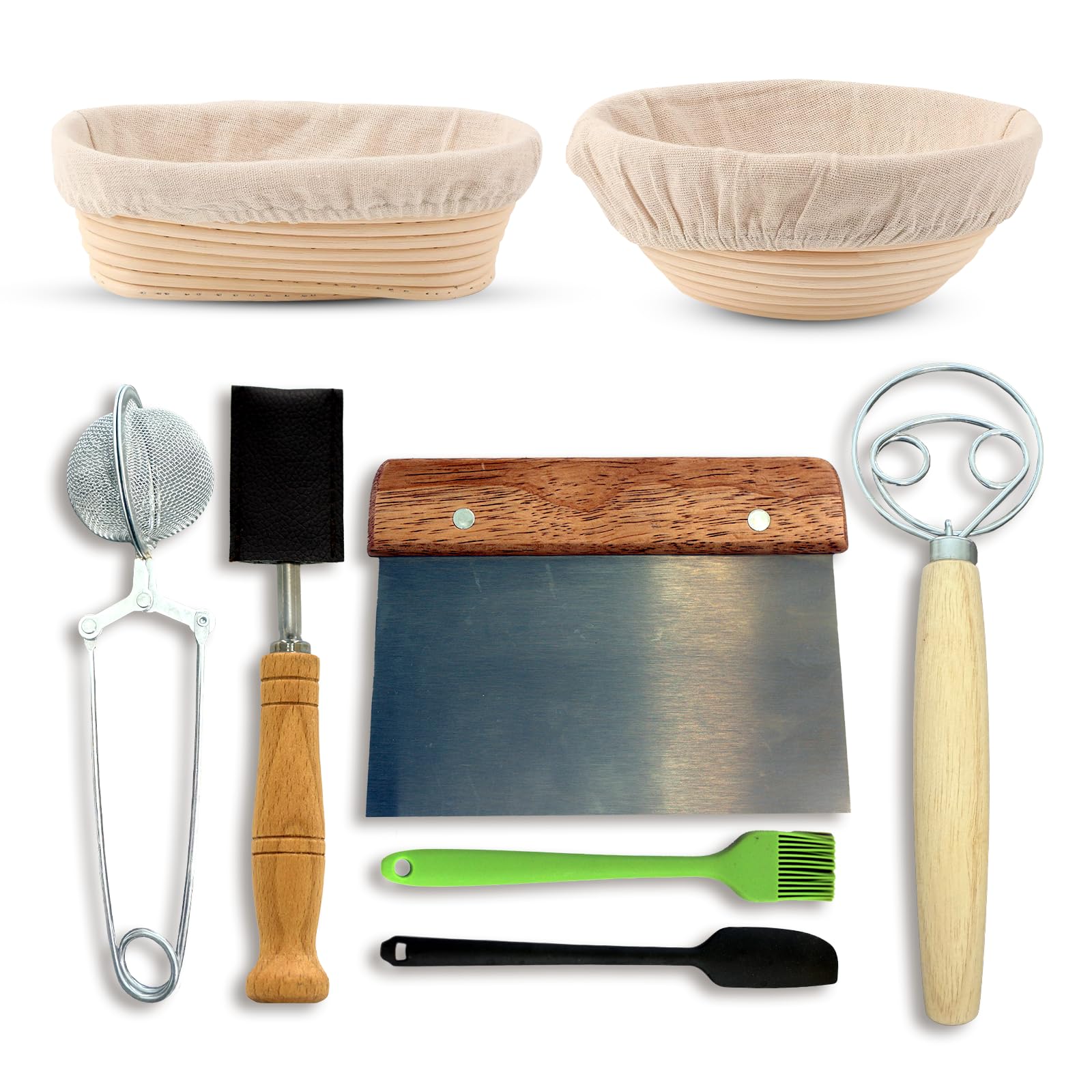 Banneton Bread Proofing Basket Set, Sourdough Kit with 8 Inch Round & 9 Inch Oval Banneton Basket, Bread Making Kit with Bread Cloth, Dough whisk, Metal Scraper, Flour Sifter, Bread Lame, & Brush