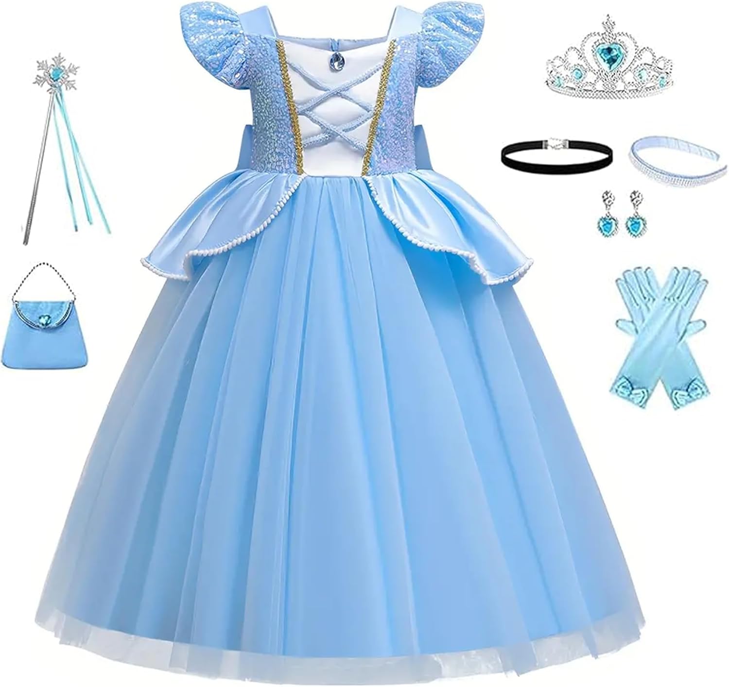 WYB Girls Princess Costume Dresses Blue Princess Dress Up Clothes with Accessories for Halloween Cosplay Carnival Party 4-5 years