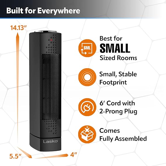 Lasko Oscillating Ceramic Slim Tower Desktop Space Heater for Home with Thermostat and 2 Speeds, 14 Inches, Black, 1500W, CT14101
