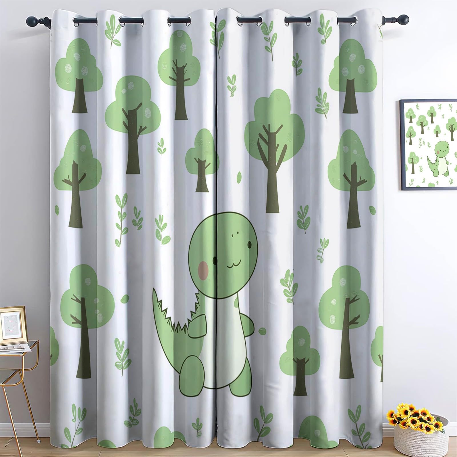 Cartoon Baby Dinosaur Trees Blackout Curtains 2 Panels 46” W x 54” L Drop Room Darkening Polyester Fabric Eyelet Curtain 3D Thermal Insulated Window Drapes for Living Room