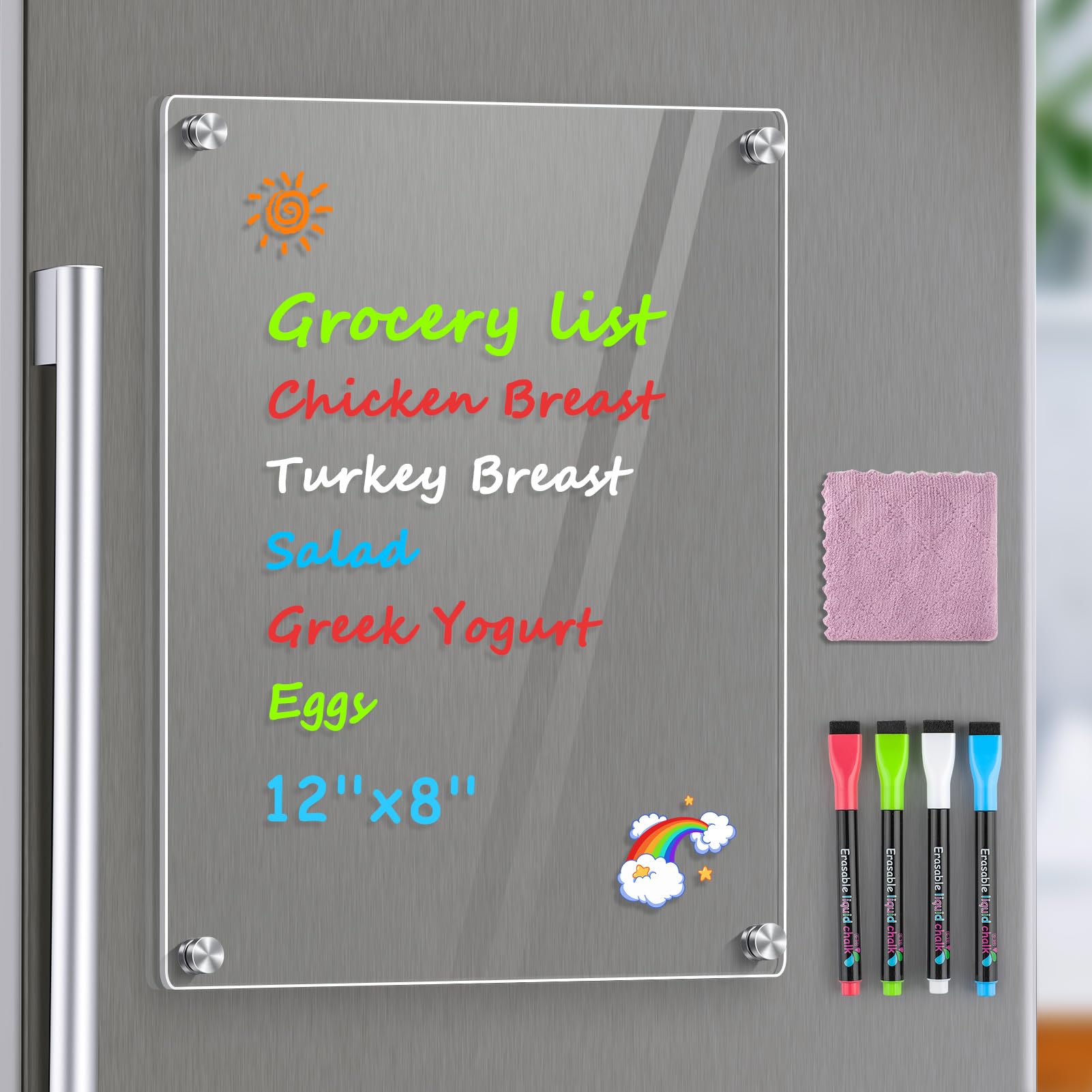 MaxGear 12"x8" Acrylic Magnetic Whiteboard for Fridge, Small Clear Refrigerator Dry Erase Board with 4 Markers and 1 Cloth, Smooth Writing and Easy