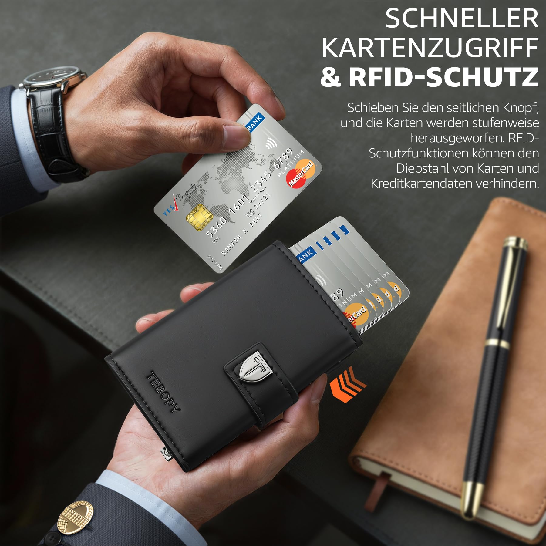 Geldbörse Herren - Portmonee Herren Set mit Kugelschreiber & Manschettenknöpfe, Slim Wallet mit RFID Schutz & Münzfach, Luxus Geldbeutel Kartenetui für 10 Kreditkarten, Premium Portemonnaie