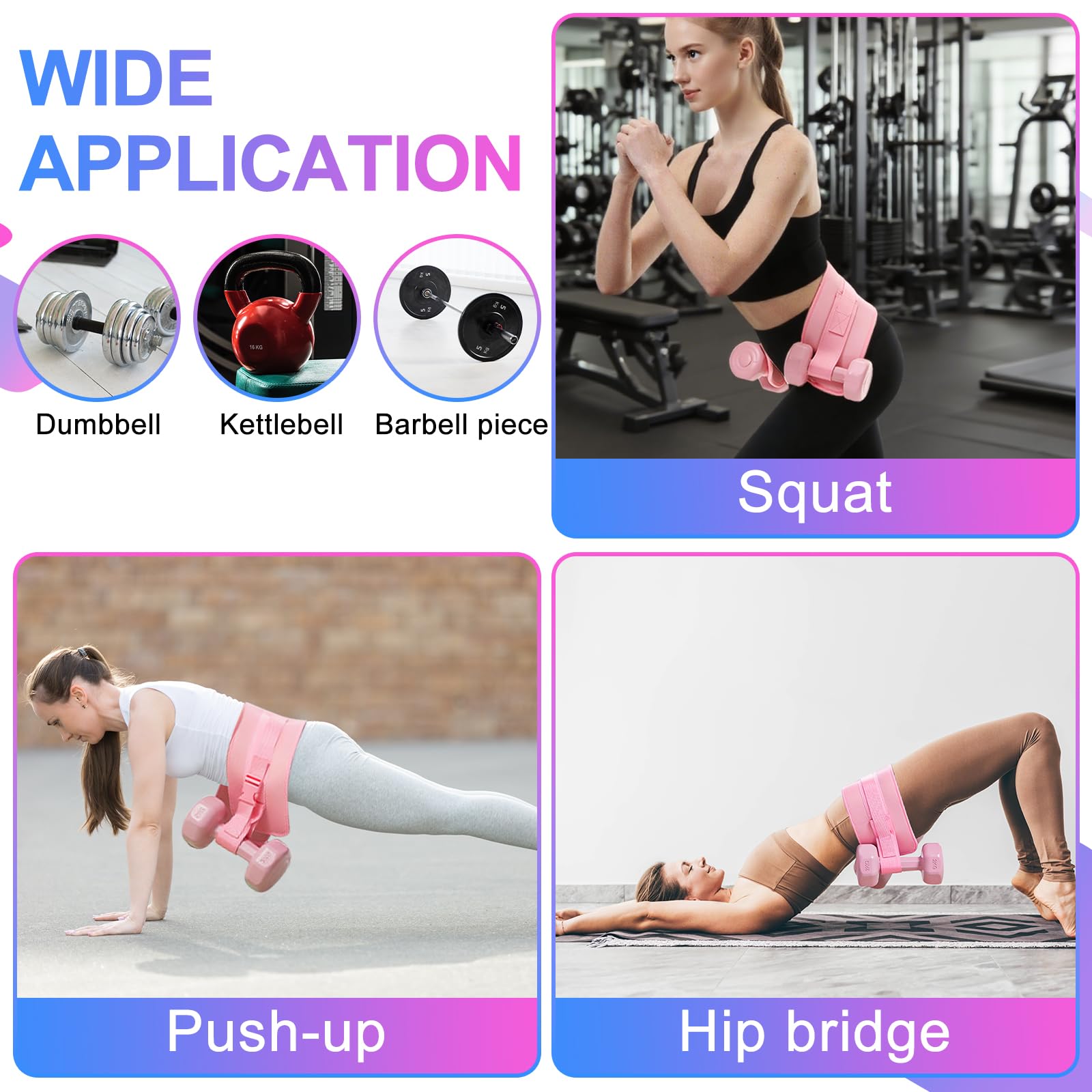 Pas do hip thrust, pas biodrowy do hantli, pas obciążeniowy do dodatkowego ciężaru, regulowany pas do ćwiczeń bioder, mostek pośladkowy, plank, pas obciążeniowy do krótkich hantli i kettlebells