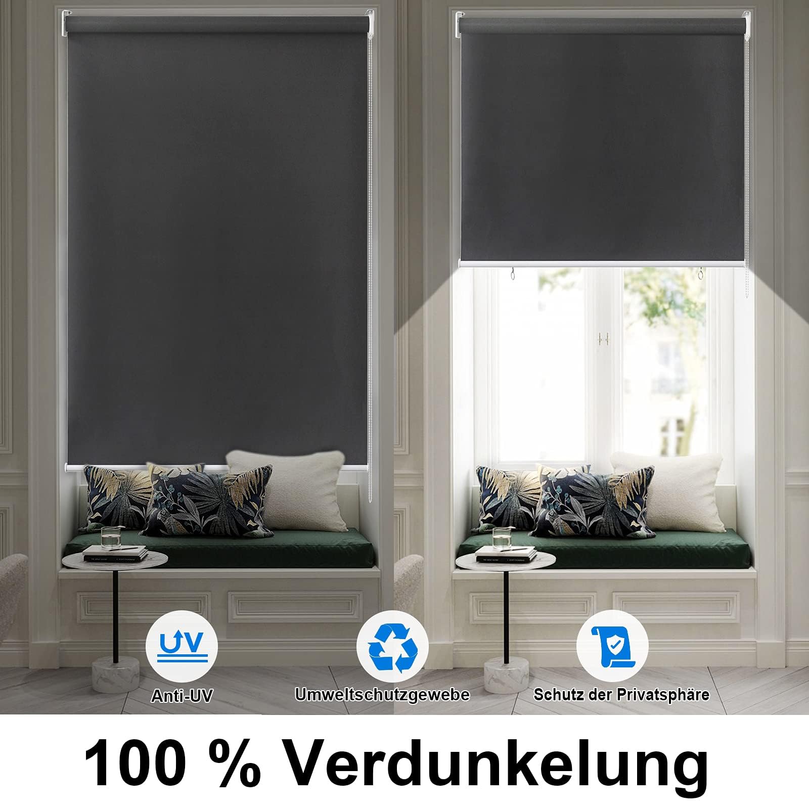 LILIIN 180x140cm Außenrollo Screen Rollo Wetterfest Senkrechtmarkise Balkonrollo Sichtschutz Outdoorrollo Sonnenschutz & UV Schutz, mit Reflektierende Thermofunktion für Fenster & Türen, Anthrazit