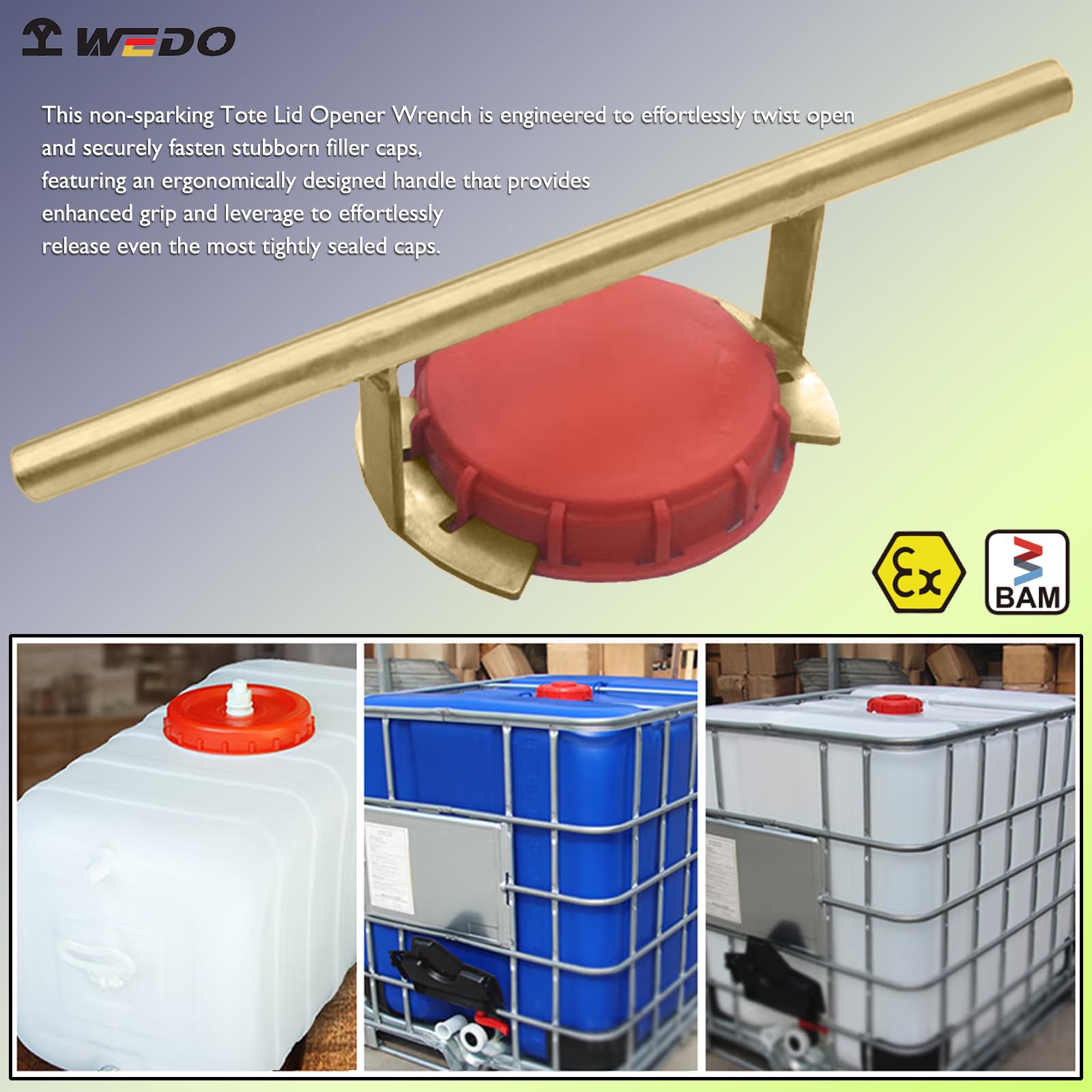 WEDO Nieiskrzący klucz do otwierania pokryw, rozmiar 175 mm, długość 500 mm, wytrzymały klucz nastawny do przemysłowej torby i nakrętek zbiorników IBC, aluminiowy brąz, odporność na korozję,