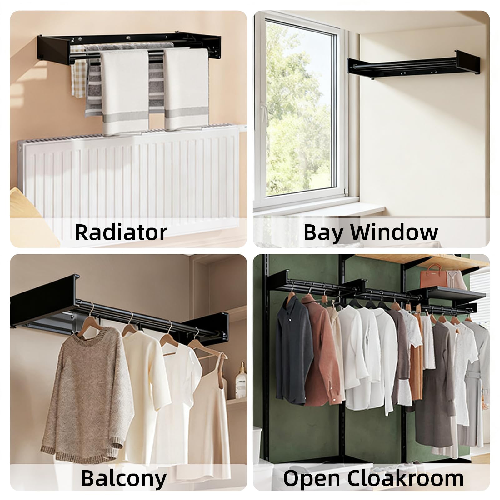 Wäscheständer Wandmontage aus Kohlenstoffstahl & Aluminium, Einfache Wäscheständer Wand, Faltbar Wand Wäschetrockner für Innen & Außen, Wandwäschetrockner Ausziehbar für Balkon (Schwarz mit 4 Haken)