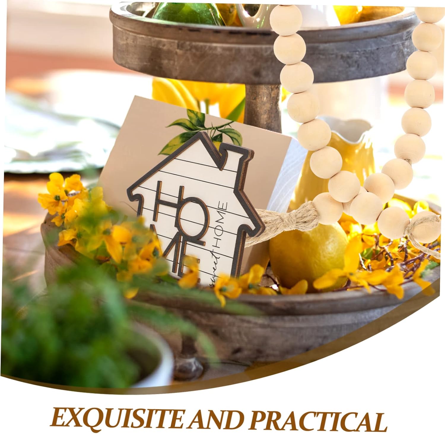 PRETYZOOM Farmhouse Tiered Tray Decorations Set 10-Piece Rustic Wood Decor Love House Beads for Country Kitchen Table Centerpiece