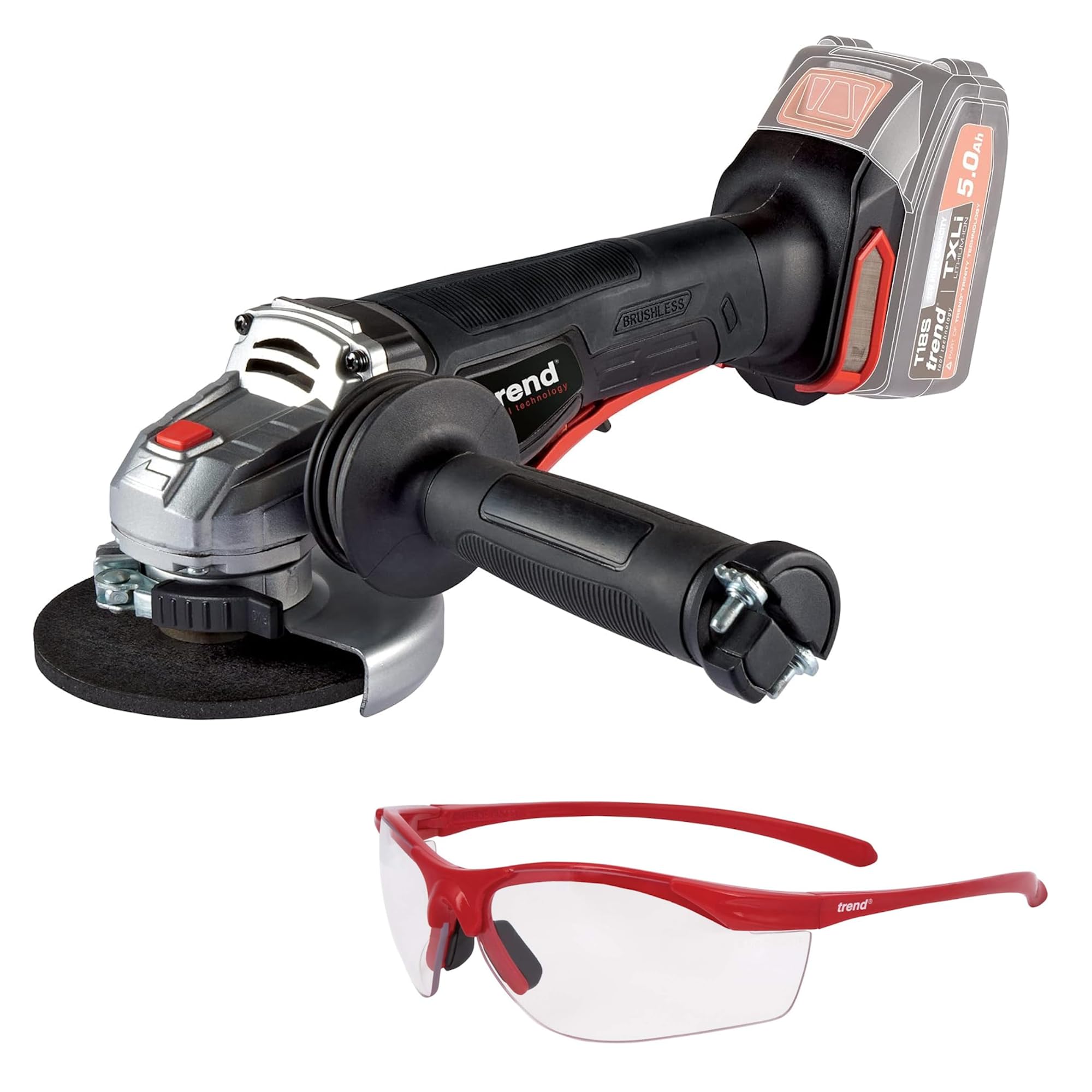 Trend 18V Cordless Brushless Angle Grinder with Anti Vibration Handle & Quick Release Blade and Clear Lens Safety Spectacles, Bare Tool, T18S/AG/SPEC