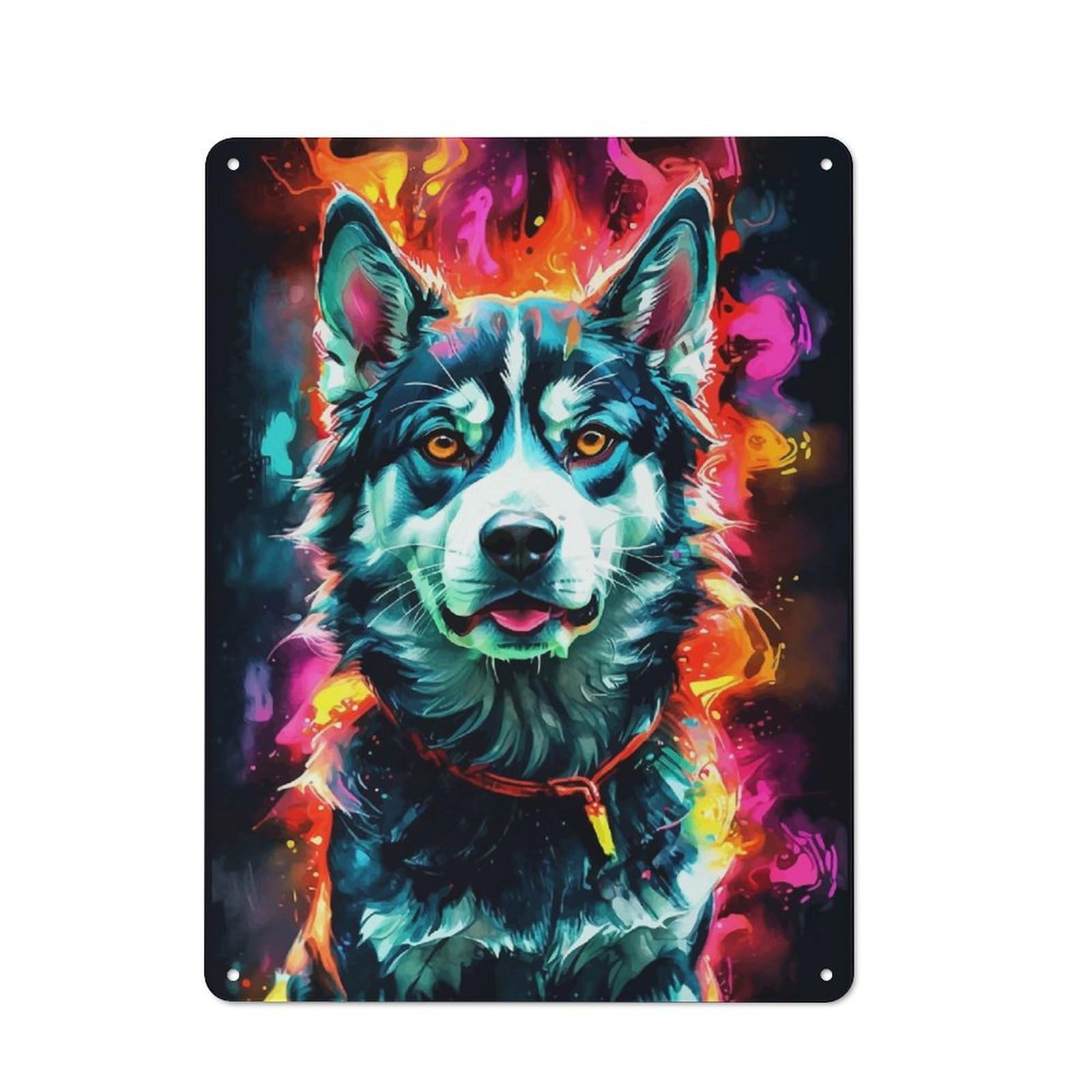Junmoney Siberian Husky In Neon Colors Tin Sign With Design 40X30cm, Weathered Look Shed Wall Plaque For Tool Room, Garage, Studio Or Home Bar