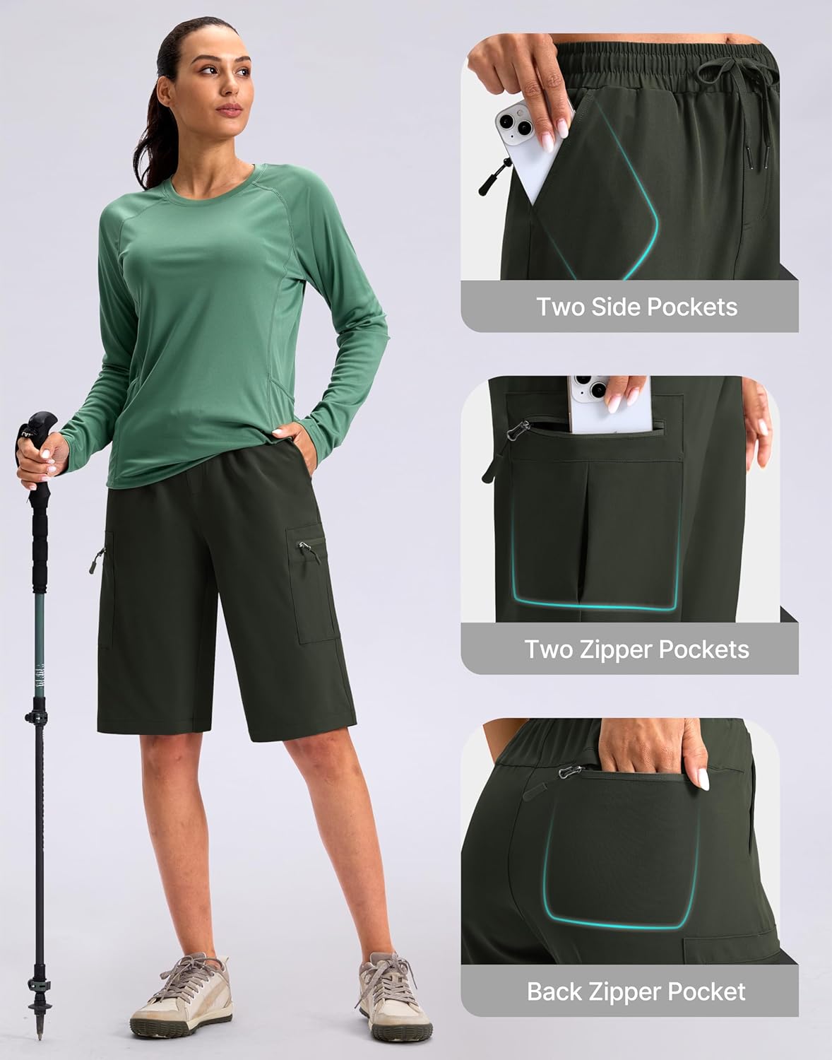 Viodia 13'' Womens Hiking Shorts Knee Length Cargo Bermuda Shorts for Women with Zipper Pockets Quick Dry Summer Short - Image 4