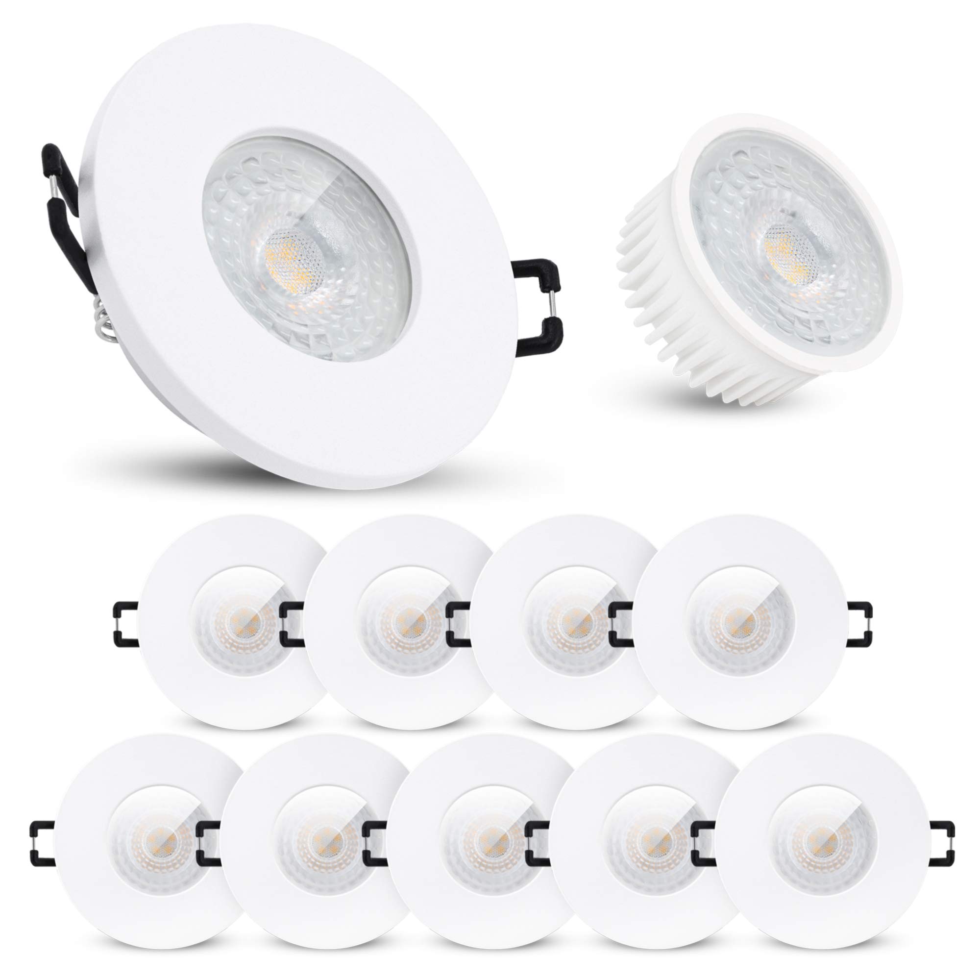 linovum ISAWO Einbaustrahler Bad IP65 mit LED Leuchtmittel 10 Stück - 4W neutralweiß 230V - Badeinbaustrahler flach weiß rund