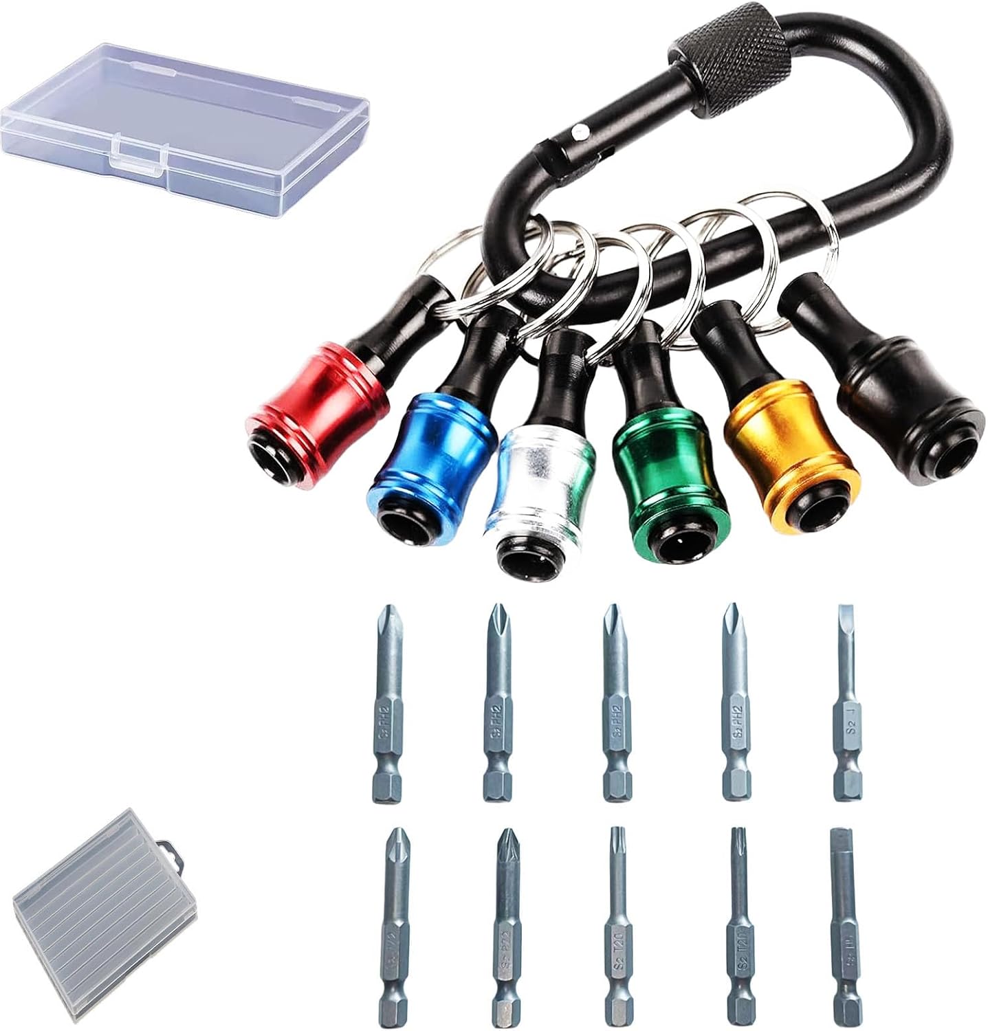 Bit Holder Keychain, Quick Release Magnetic Screwdriver with 10 S2 Steel Bits & Carabiner Clip, 1/4 Inch Hex Shank Adapter for Drill Driver, Electrician Tools, EDC (Black & Color Options)