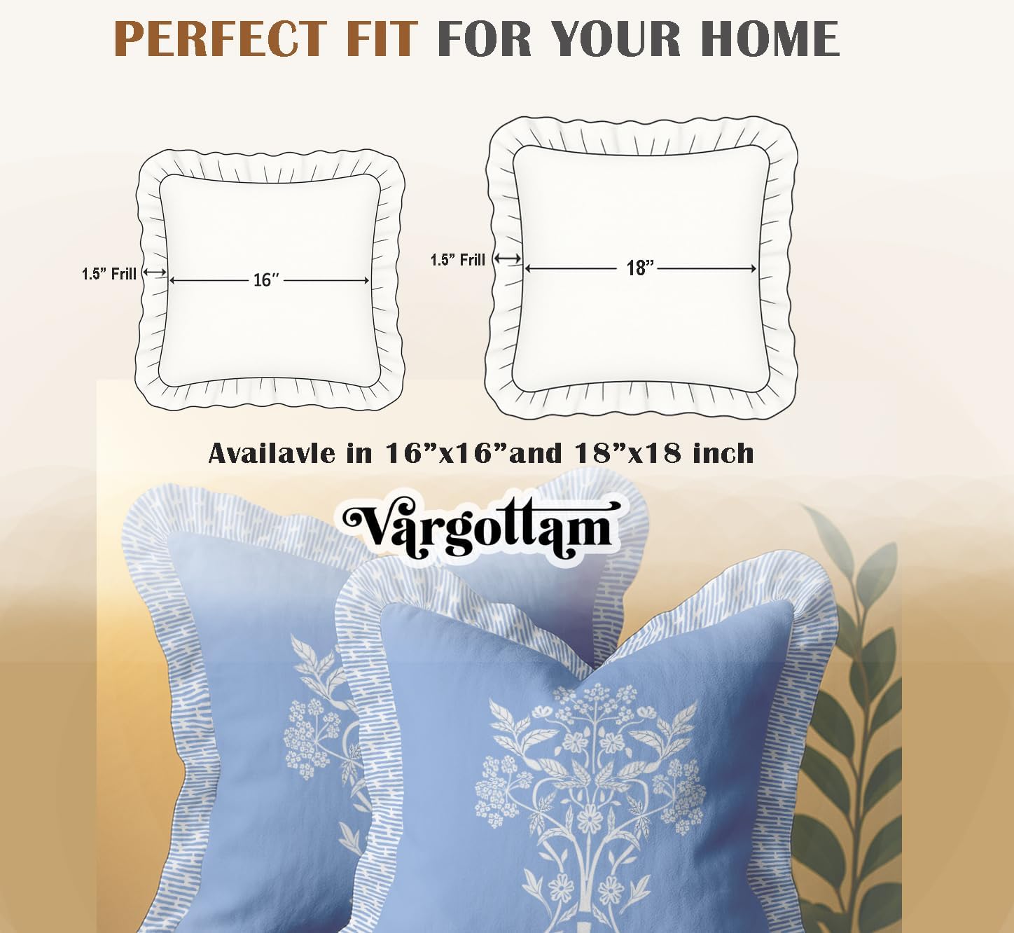 Set of 2 Cotton Twill Pillow Covers - Floral Pattern, 16x16 Frill Cushion Covers with Hidden Zipper, Reversible Print, Rustic Farmhouse Decor