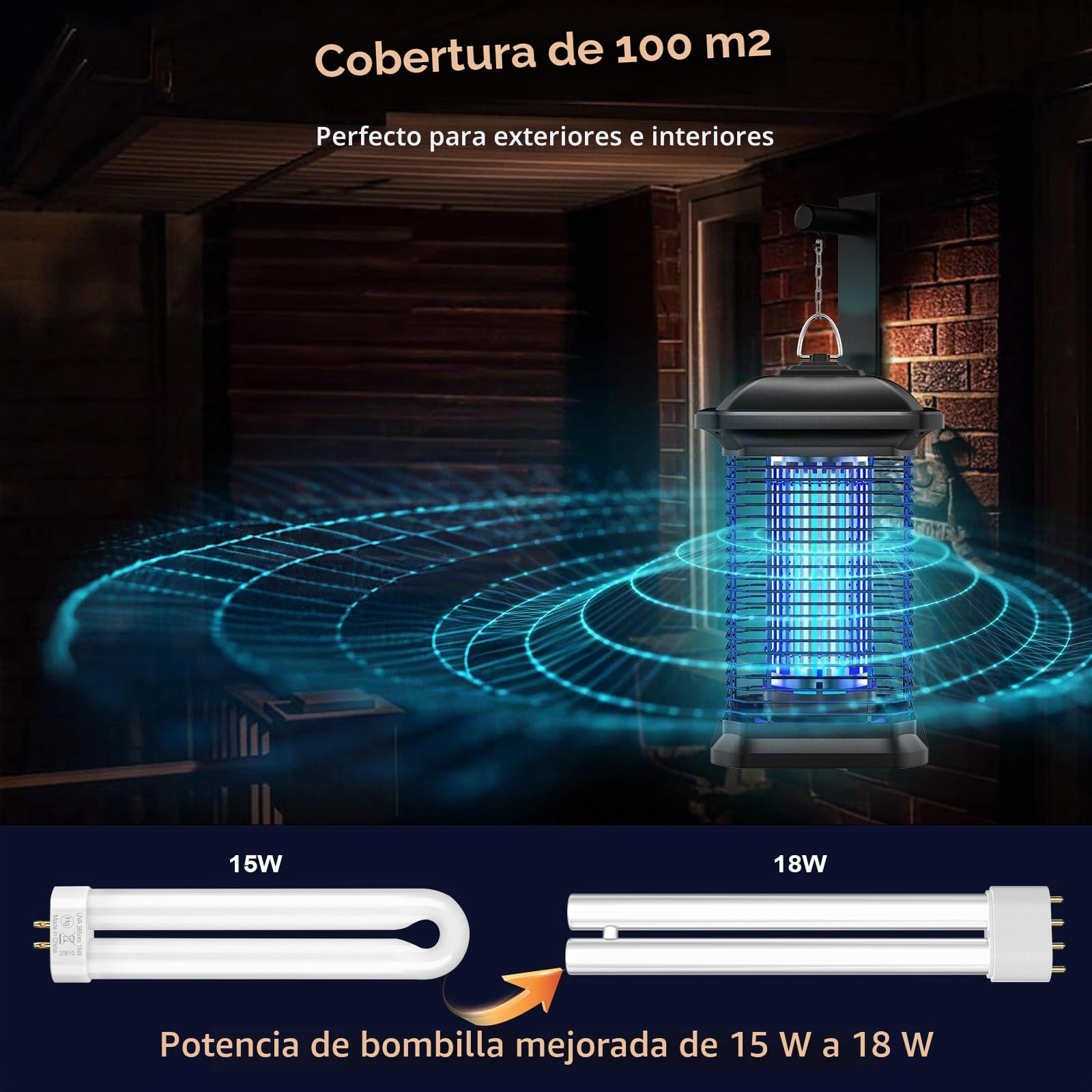 Lámpara Antimosquitos, 18W 4000V Potente Mata Insectos Eléctrico UV, Repelente De Mosquitos para Moscas Alcance 100m² Reducción Eficaz De Los Insectos Voladores para Patio Jardines Patio Trasero
