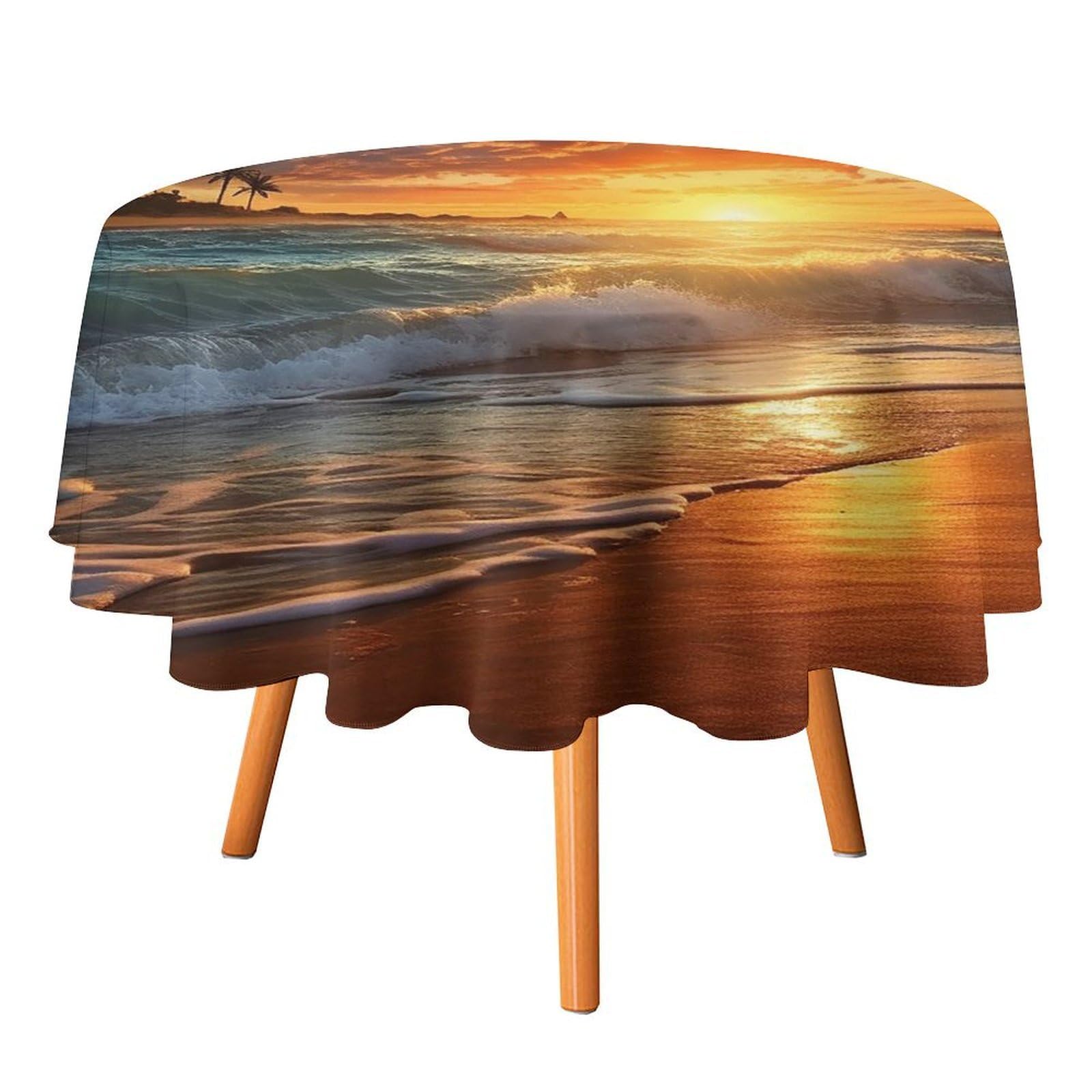SMAZDFXX Sunset Ocean Beach Tablecloth for Restaurant, Round Polyester Table Cover 60x60in for Party