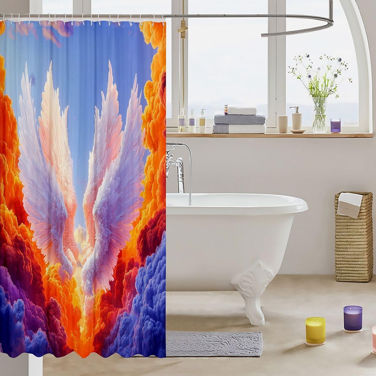 Erosebridal Anime Angel Wings Shower Curtain 72" Wx72 L Western Heaven Waterproof Bathroom Accessories Colorful Clouds Bath Curtain for Bathroom Showers Guardian Angel Art image 3
