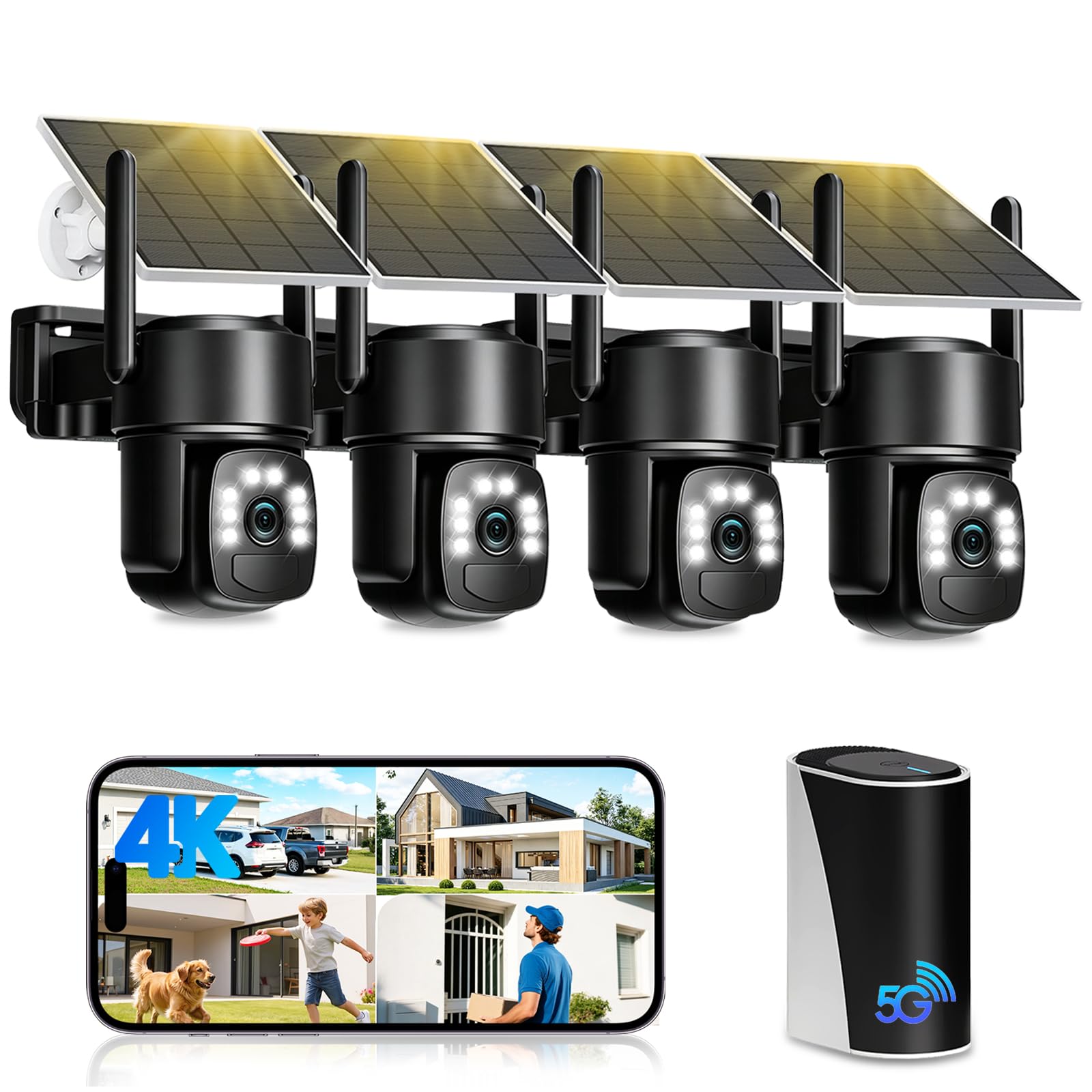 4K Camera Surveillance WiFi Exterieure sans Fil,Kit de 4 Caméras Solaires Extérieur avec Home Station,sans Abonnement,Stockage Local Intégré 32 Go,360° PTZ,Suivi Automatique,Vision Nocturne,2,4/5 GHz