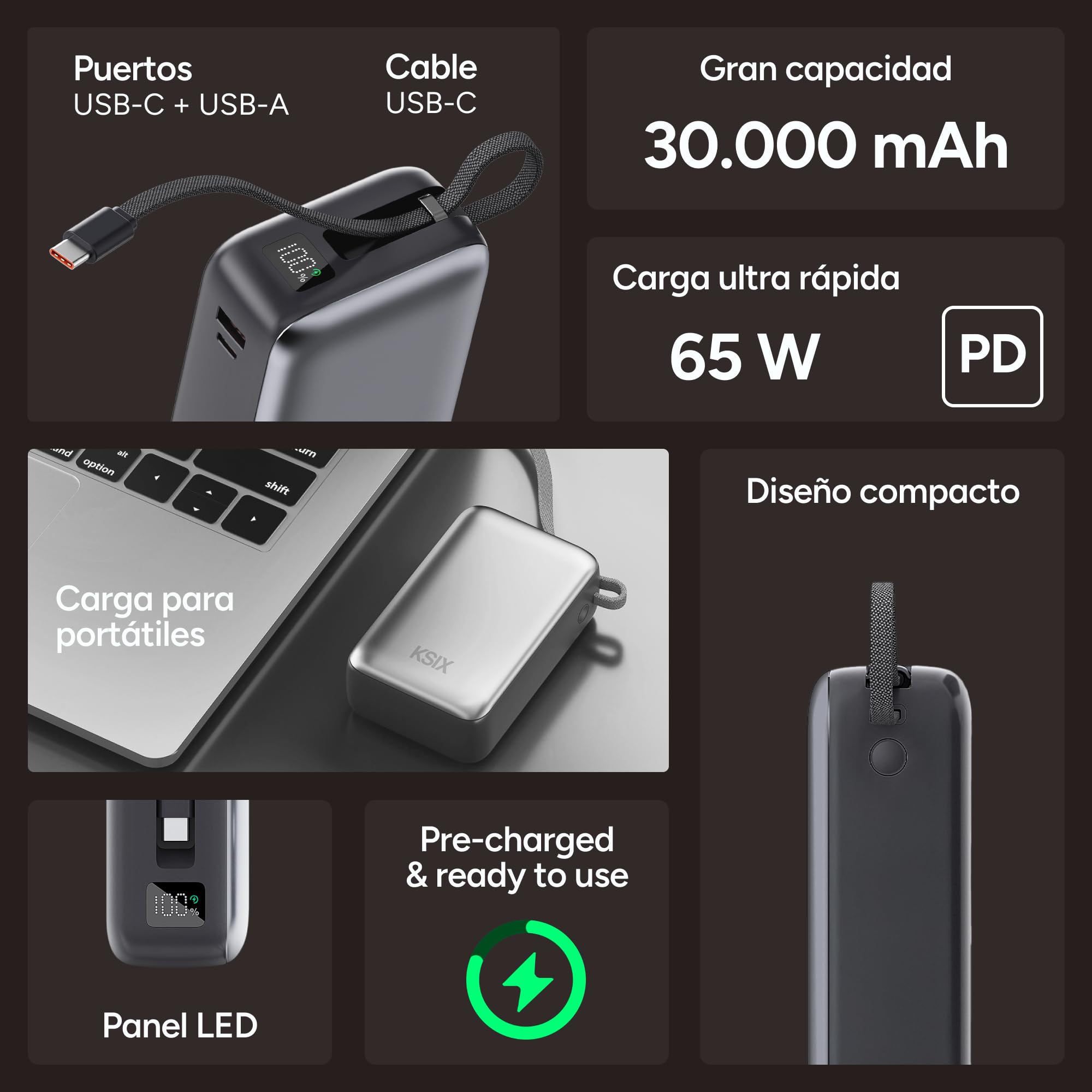 KSIX Powerbank 30000 mAh, Batería Externa Carga ultrarrápida 65W Power Delivery, Carga portátiles, Cable Integrado USB-C, Pantalla LED, Gris