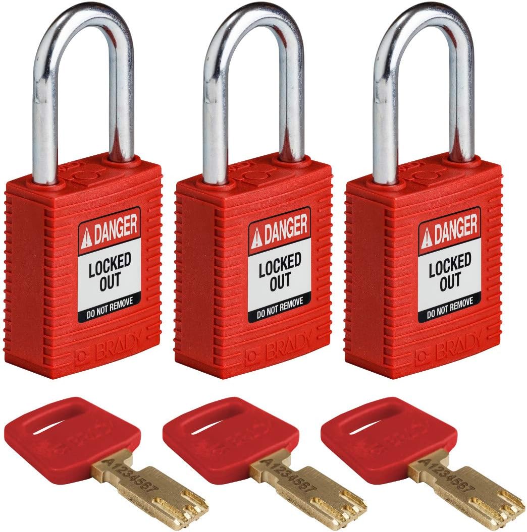 Lucchetto Safekey in nylon/acciaio, 38 mm x 84 mm x 19 mm, rosso, confezione da 3