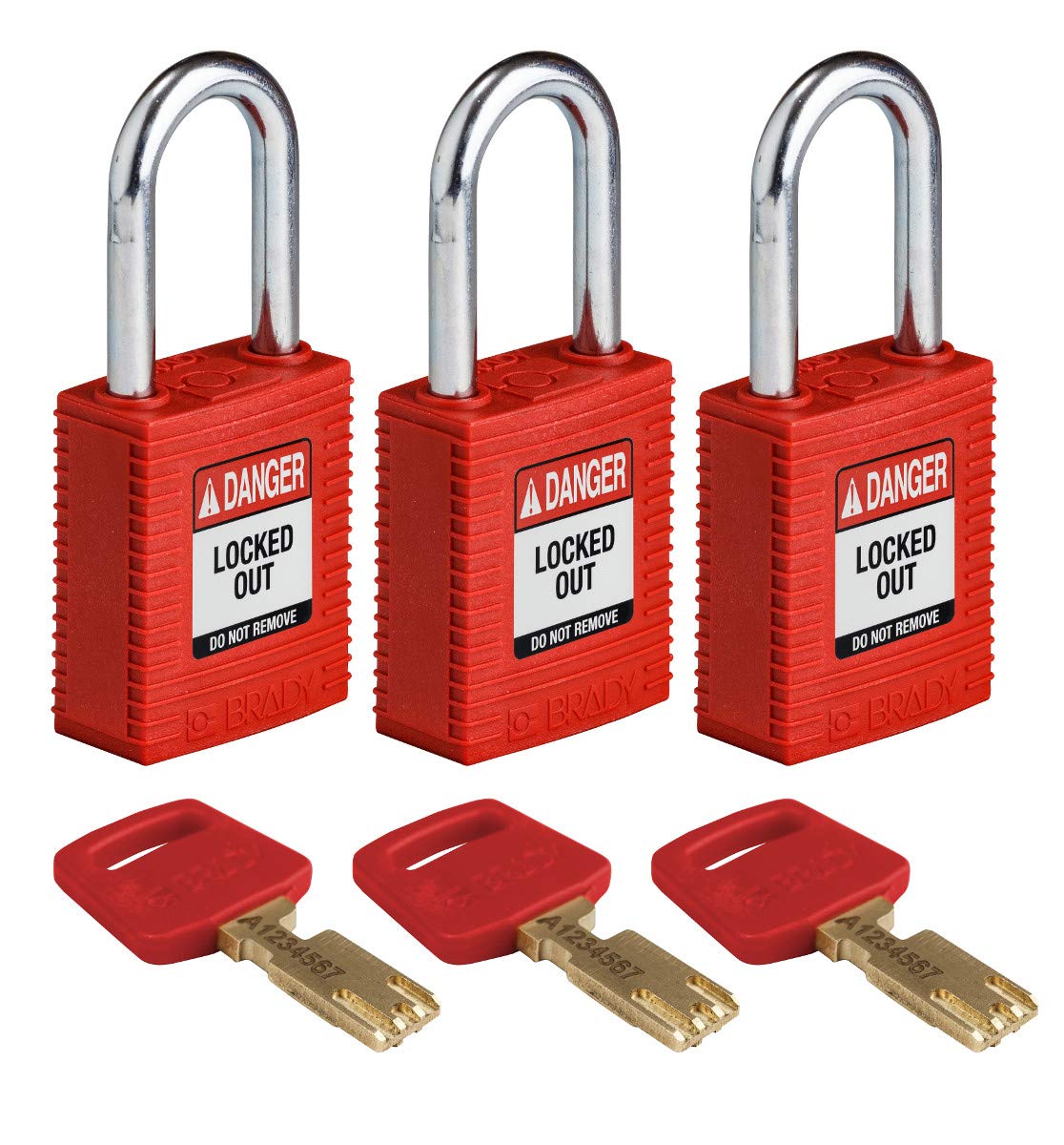 Candado Safekey de Nailon/Acero, 38mm x 84mm x 19mm, Rojo, Paquete de 3