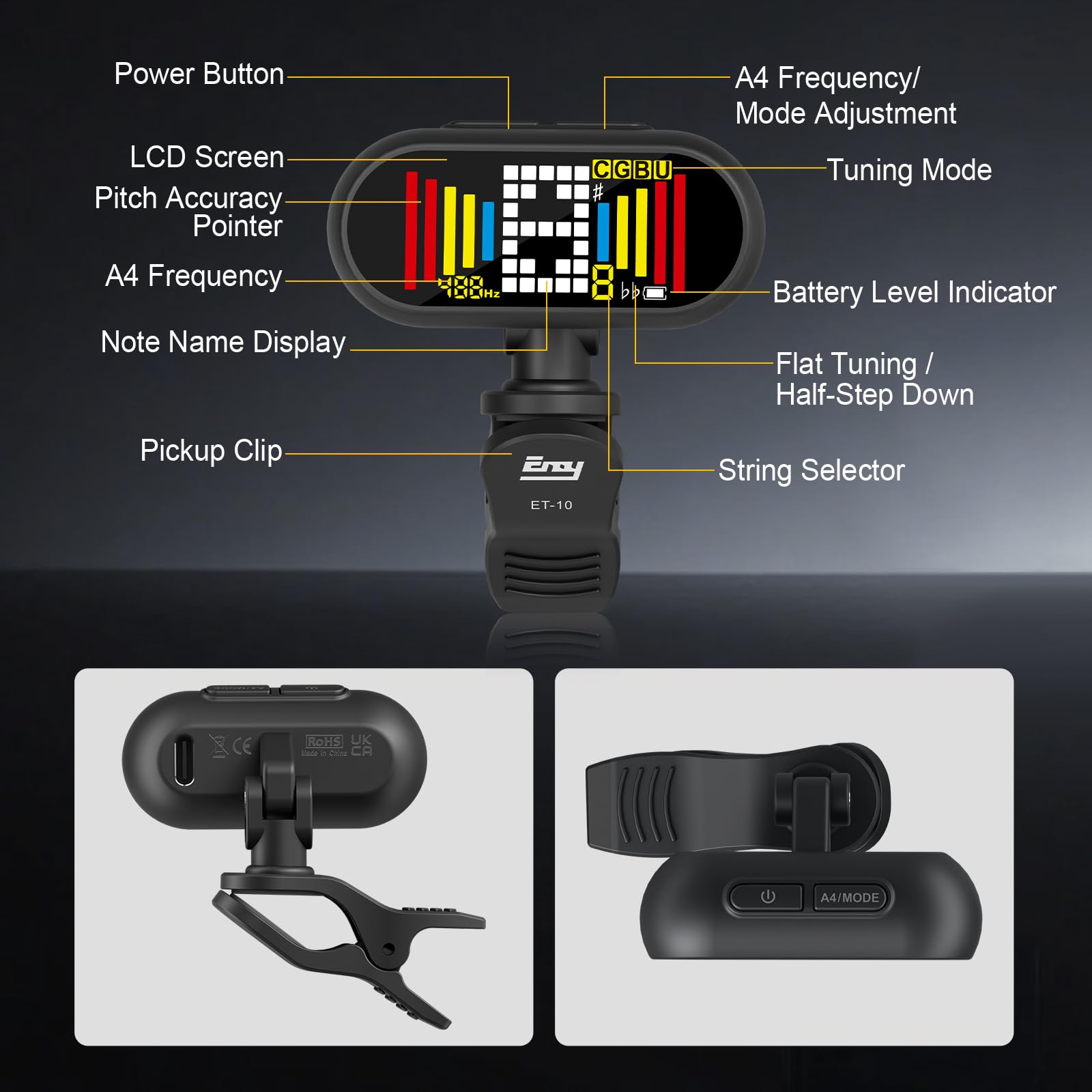 EX Professionelles, wiederaufladbares, chromatisches Stimmgerät für Gitarren, zum Anklippen, schnelles, ultra-präzises Clip-On-Stimmgerät mit Farb-LCD für Akustikgitarre, Bassgitarre, Ukulele und