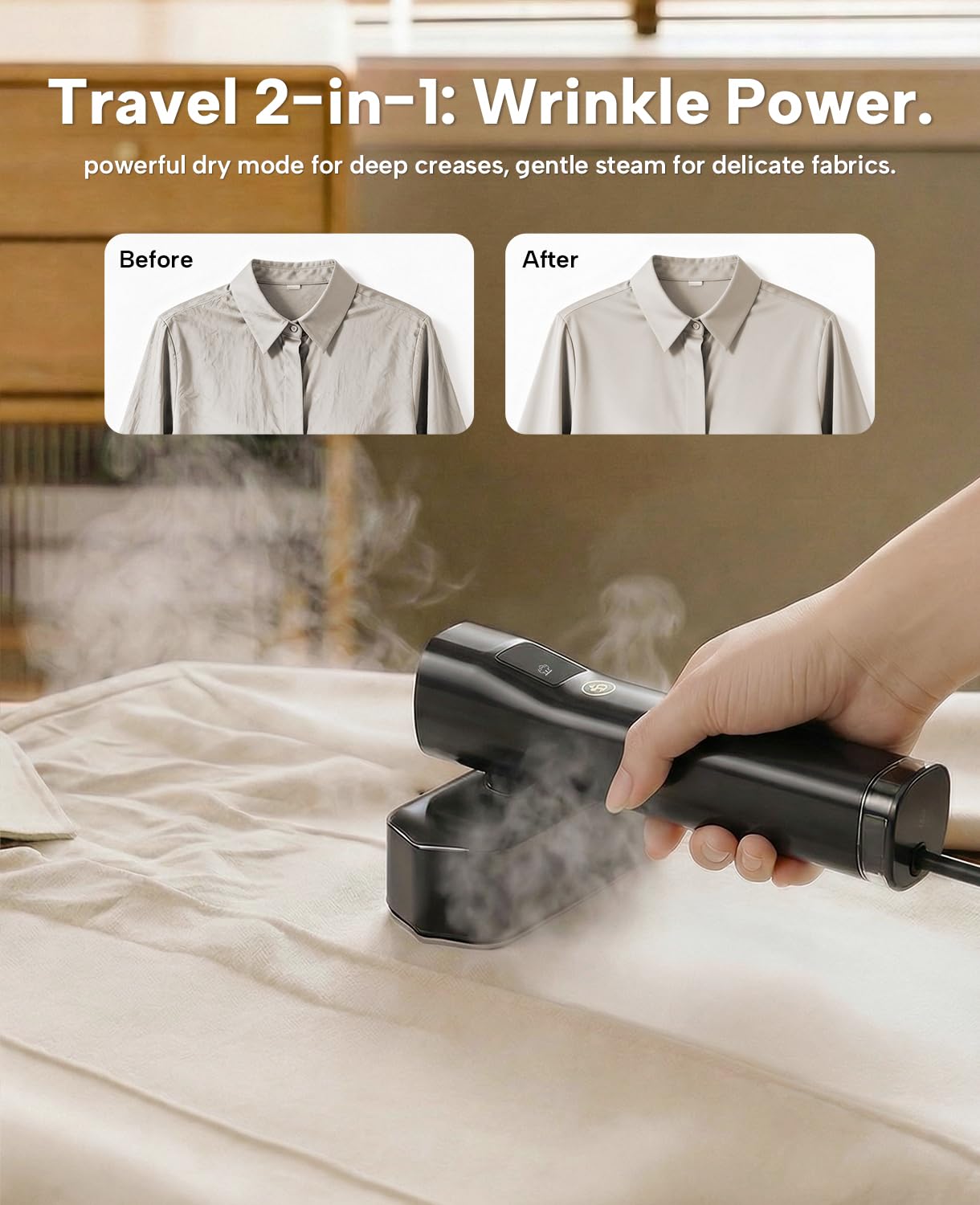 Travel Steamer for Clothes 1000W 110V Handheld Garment Steamer with LCD Display 15s Fast Heat Up Leakproof Design 3 Steam Levels with Portable Wrinkle Remover for Home, Dorm Hotel - 3