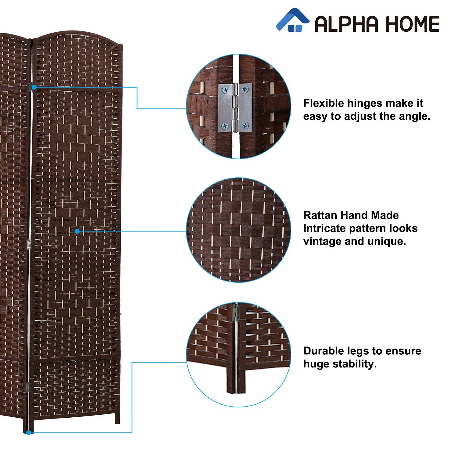 ALPHA HOME Woven Room Divider 4 Panel 6 Ft Portable Wide Tall Double ...