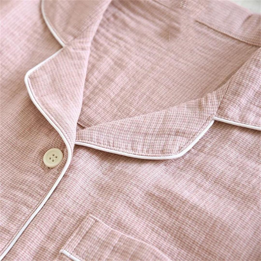 Conjunto de pijama de gasa de algodón para hombre y mujer, a cuadros, manga larga, ropa de casa de dos piezas