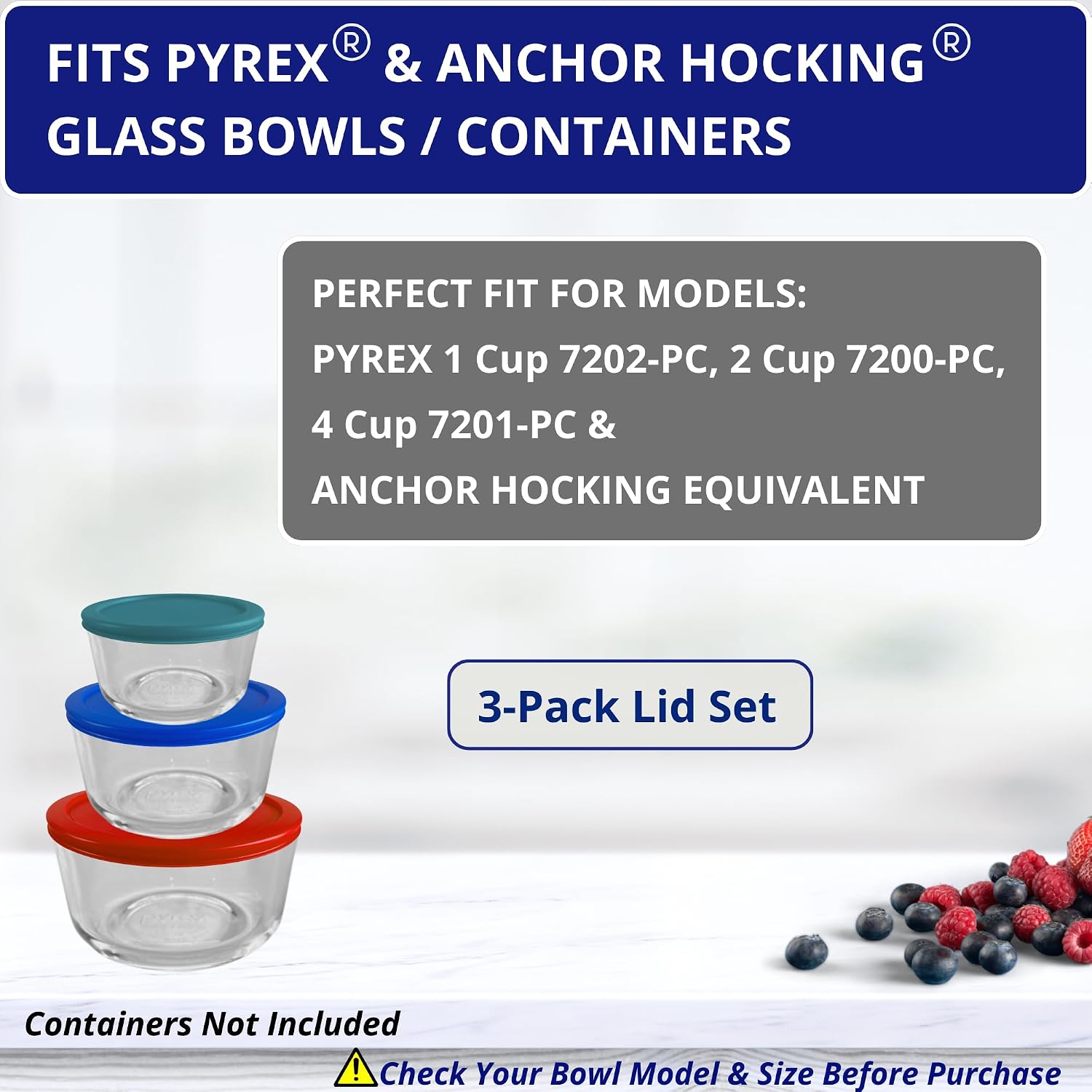 1, 2 & 4 Cup Turquoise, Blue, Red Replacement Lids/Covers for Pyrex, Anchor Hocking & KlareWare Storage Bowls *Lids Only Glass Container Not Included* (3 Pack *One of Each Size*) image 4