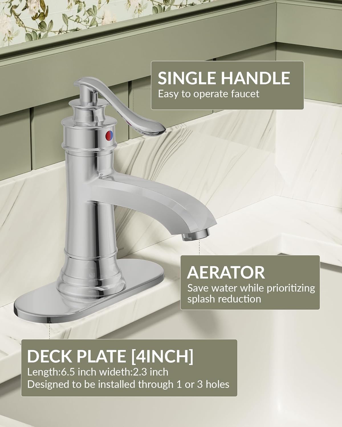 Chrome Bathroom Faucet, Bathroom Sink Faucet 1 Hole, Single Hole Bathroom Faucet, Single Handle Farmhouse Vanity Lavatory RV with Pop Up Drain with Overflow