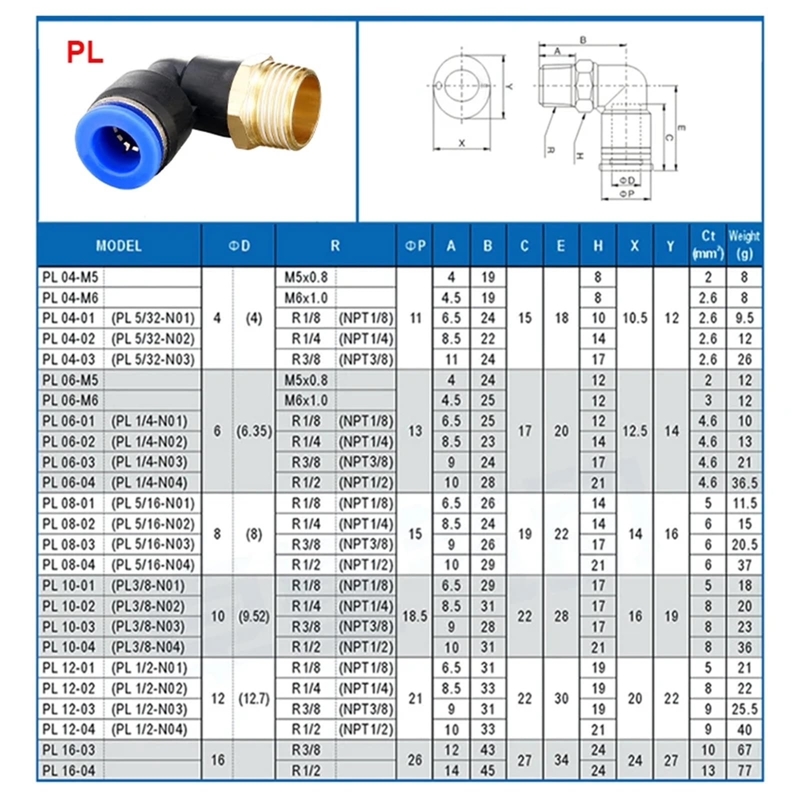Złącze pneumatyczne PL 4 mm - 12 mm złączka do węża 0.6 cm 0.3 cm 1 cm 1/5.1 cm gwint łącznik rurowy 1 szt. (12-04)