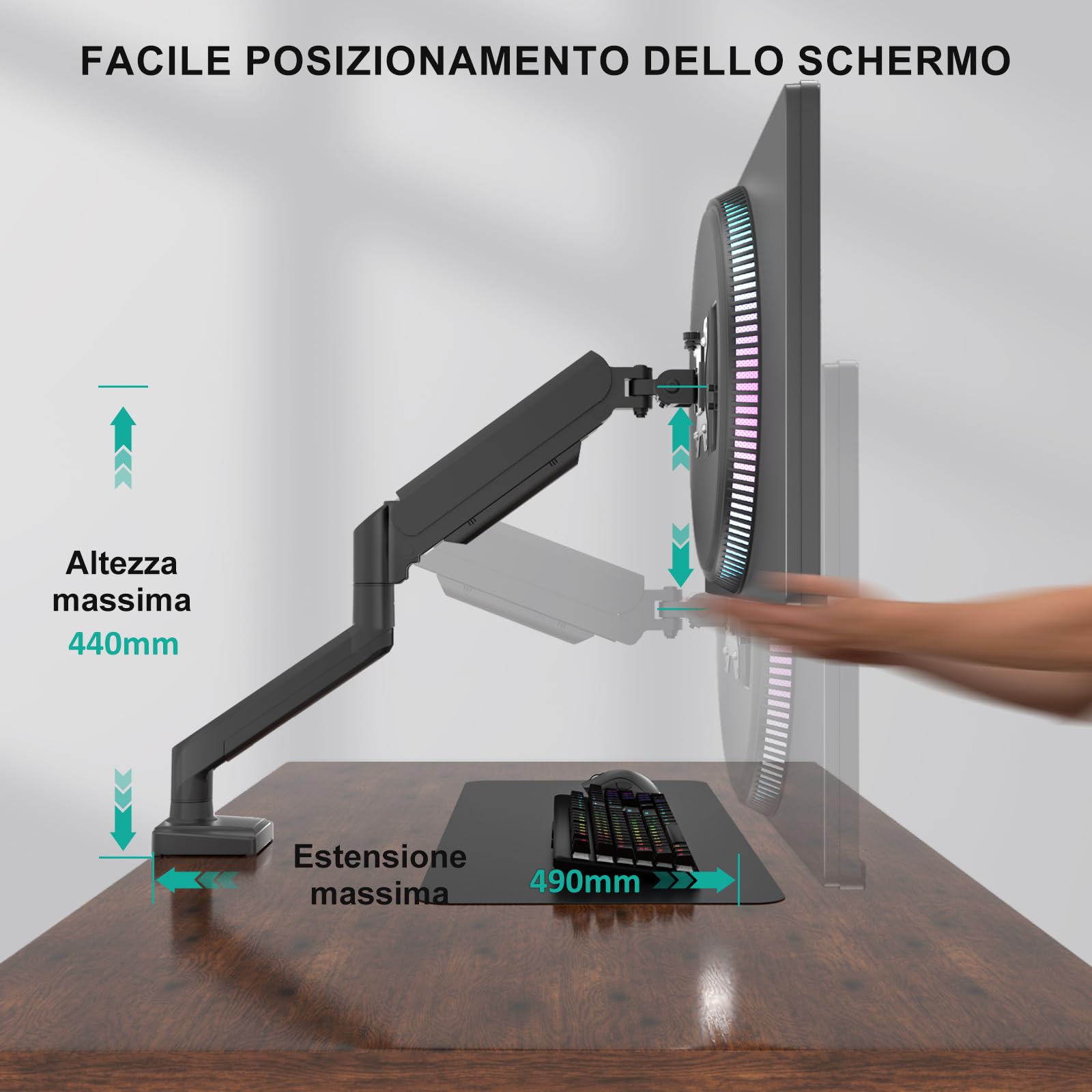 WALI Supporto per monitor singolo per schermi da 13-34", braccio regolabile per monitor singolo, schermo normale fino a 32", 12 kg, supporto per monitor da scrivania, VESA 75/100 mm (GSMP001N), nero