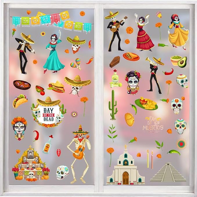 9 Sheets Halloween Window Clings, Sugar Skull Flower Double-Sided Window Stickers Reusable Static Day of The Dead Guitar Grave Window Decals for Mexican Dia De Los Muertos Decorations Party Supplies